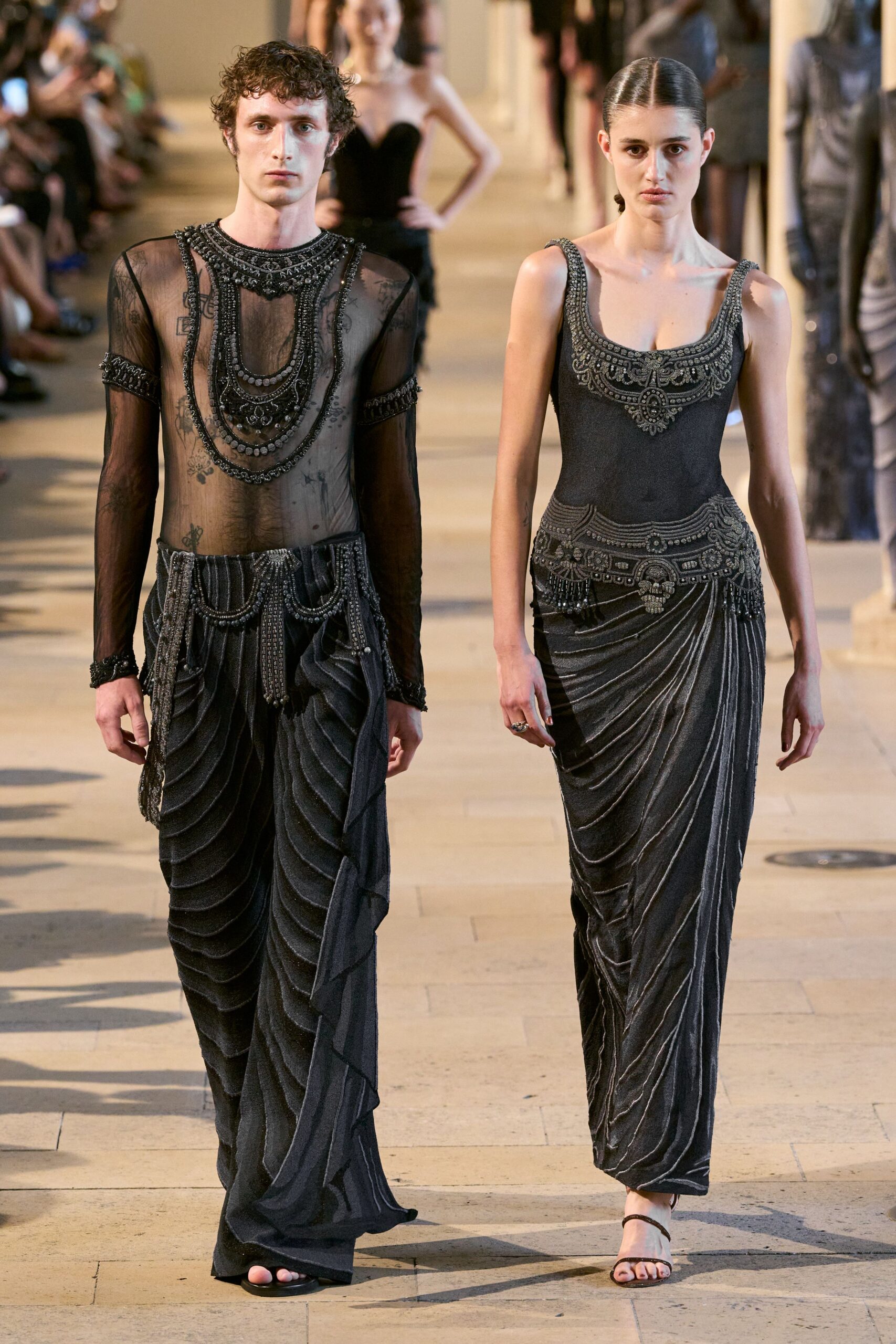black silk sleeveless v-neck fitted pleated embroidered dress