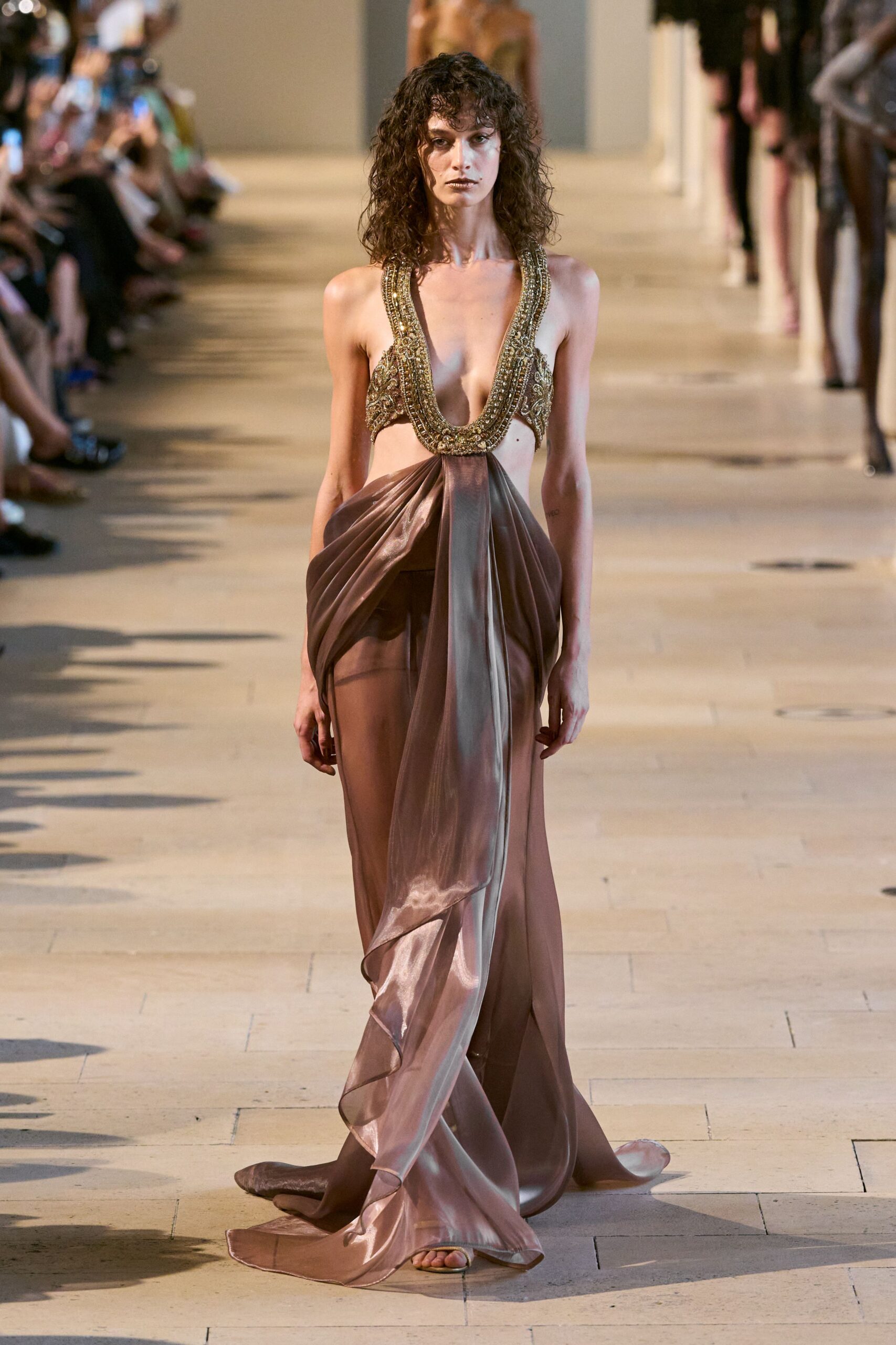 brown silk sleeveless v-neck fitted draped embellished gown