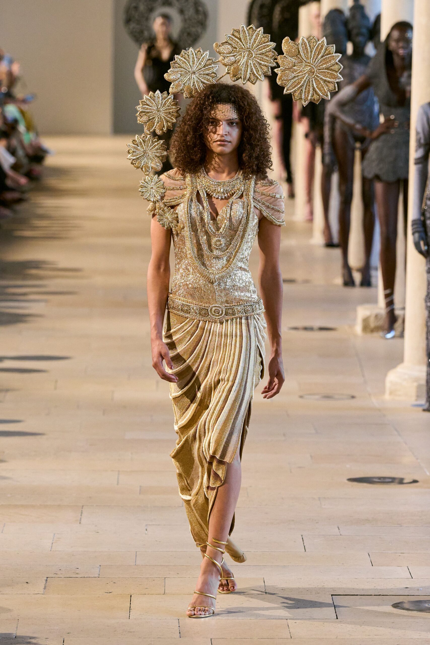 gold silk sleeveless v-neck fitted pleated embellished dress