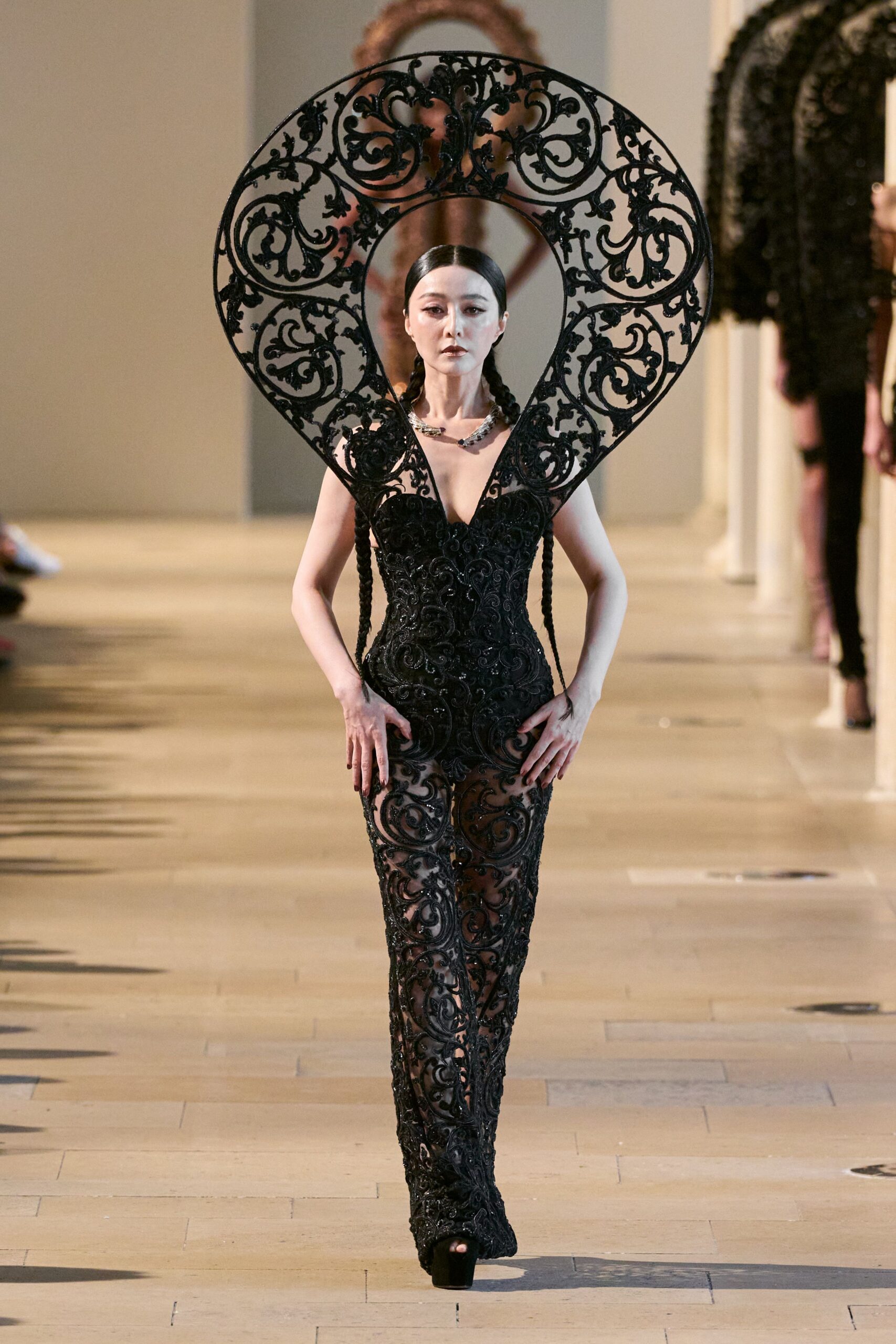 black lace sleeveless v-neck fitted embroidered maxi gown