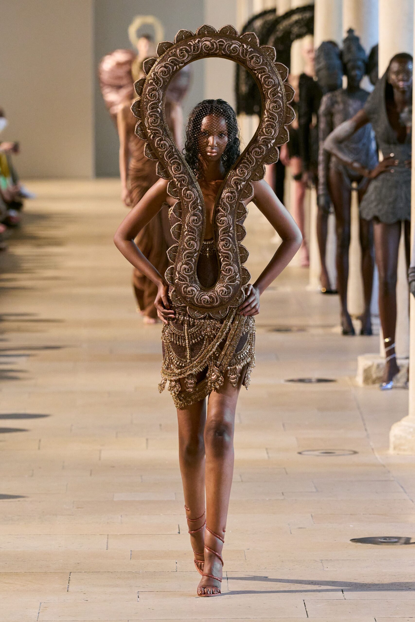 brown silk sleeveless v-neck fitted beaded tiered dress