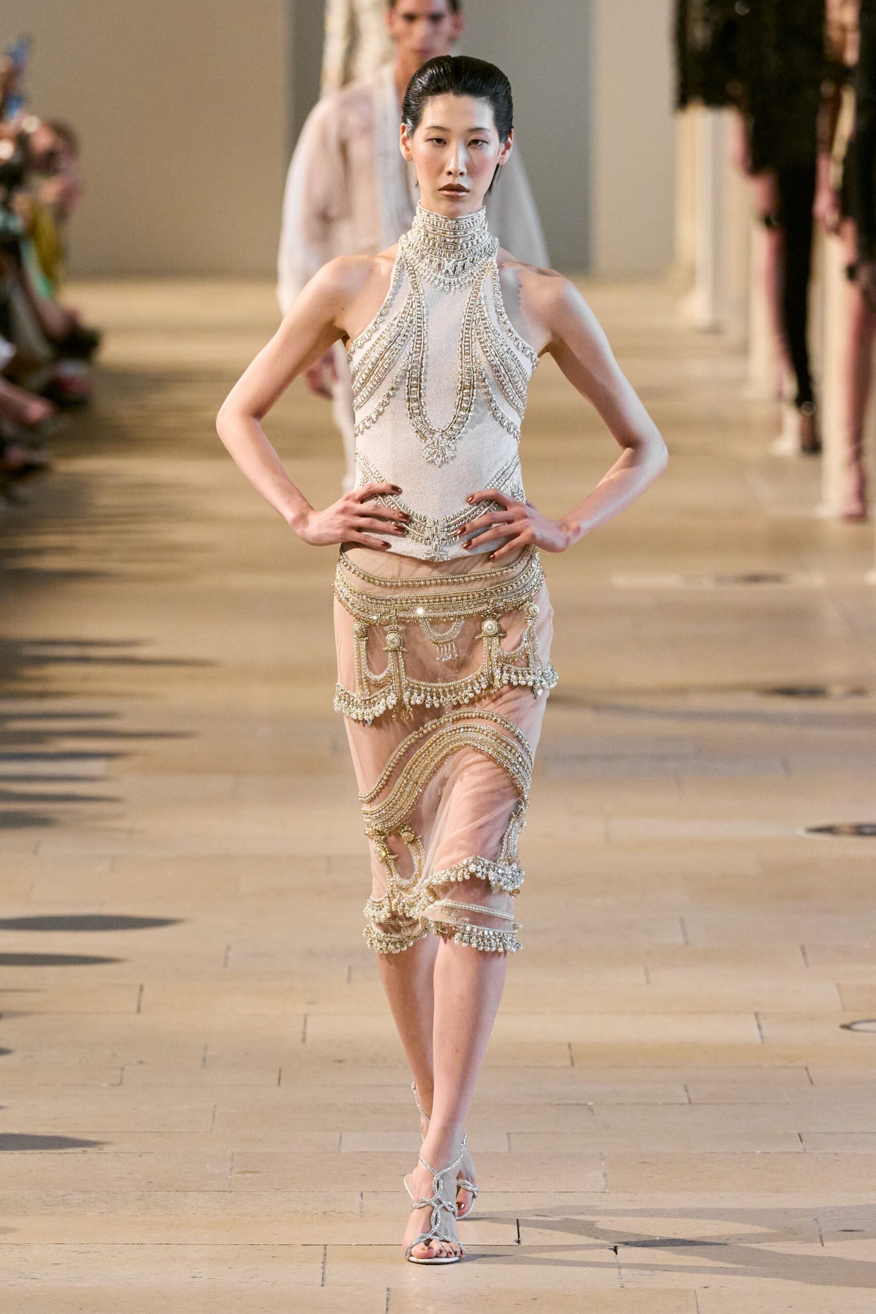white silk sleeveless high-neck fitted embellished layered dress