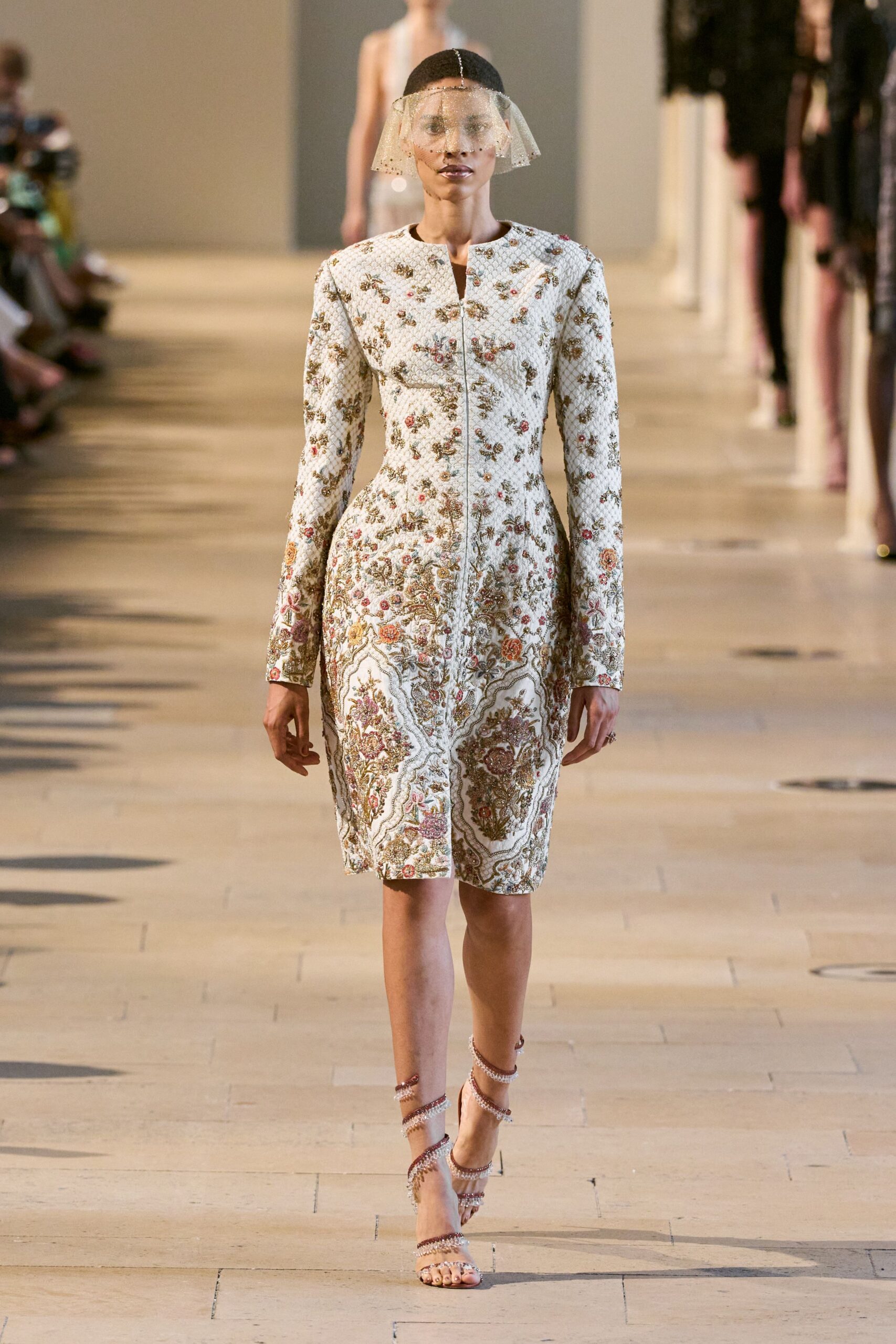 white silk long-sleeve collared fitted structured dress