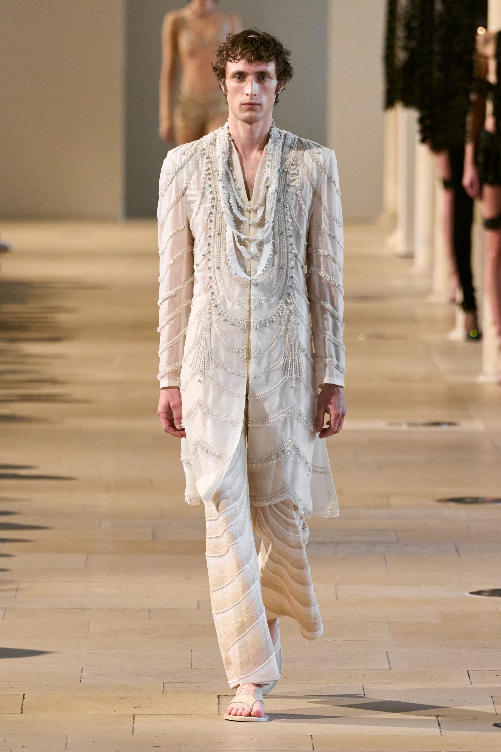 white silk long-sleeve collared fitted embroidered shirt