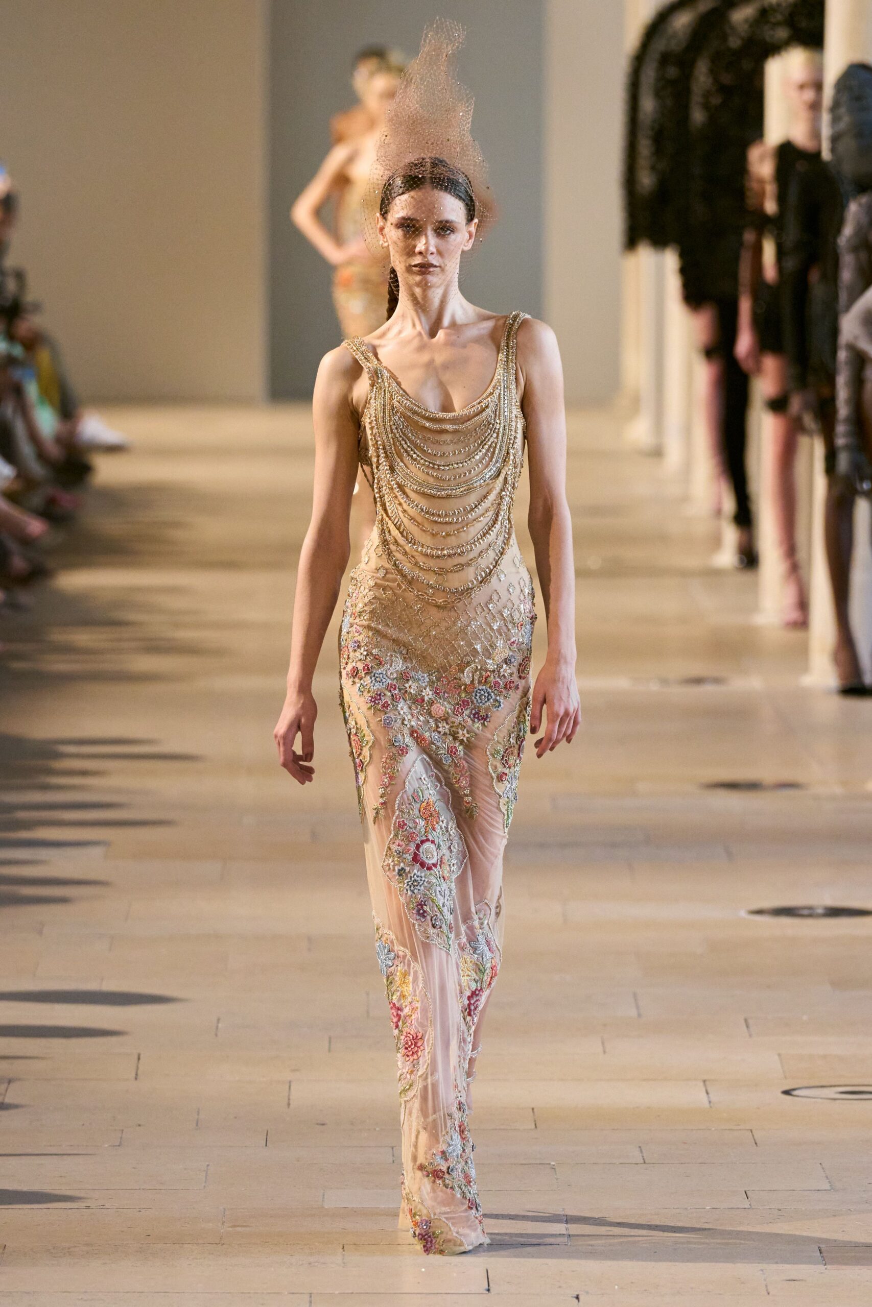 gold silk sleeveless v-neck fitted embroidered beaded gown