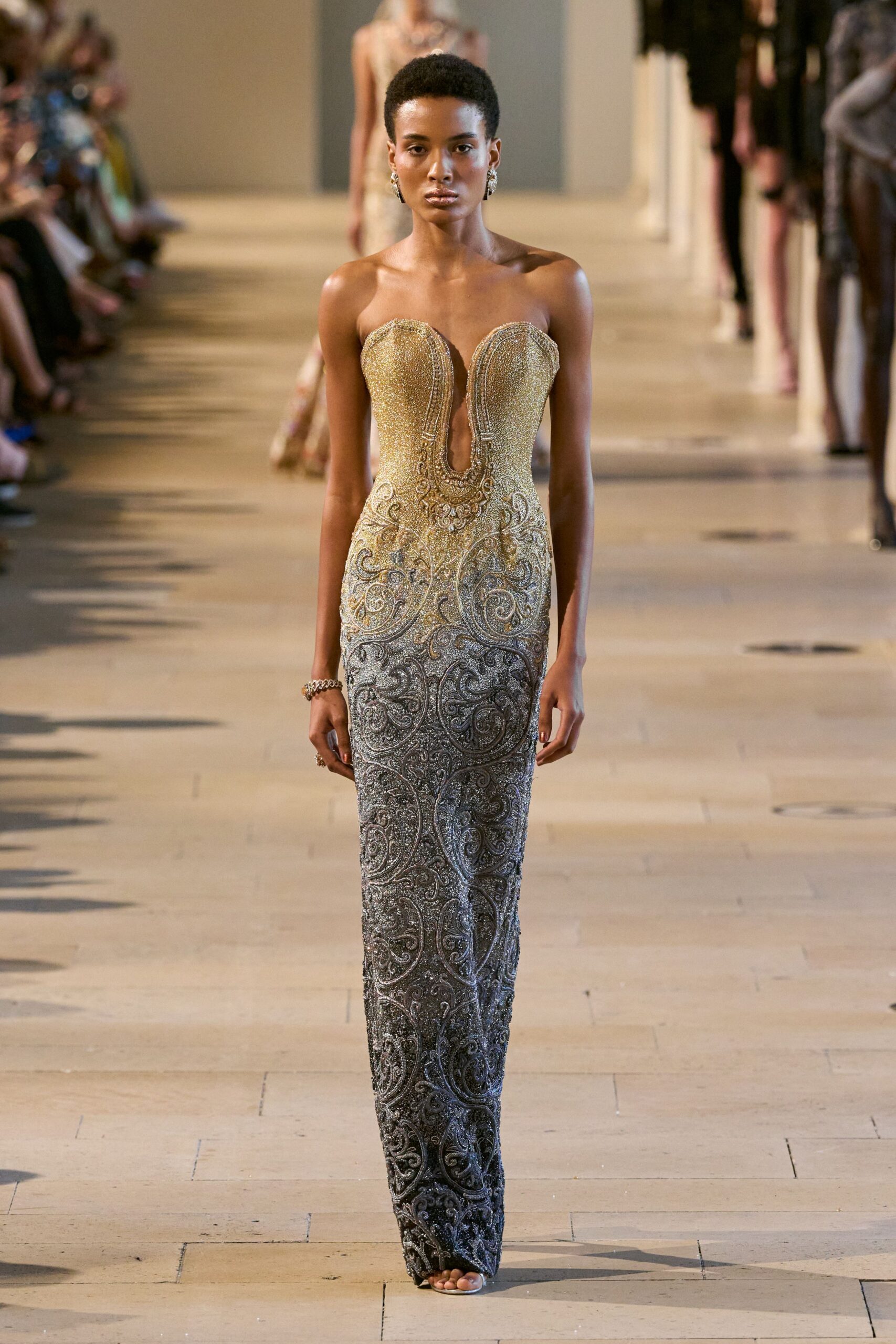 gold and gray strapless gown