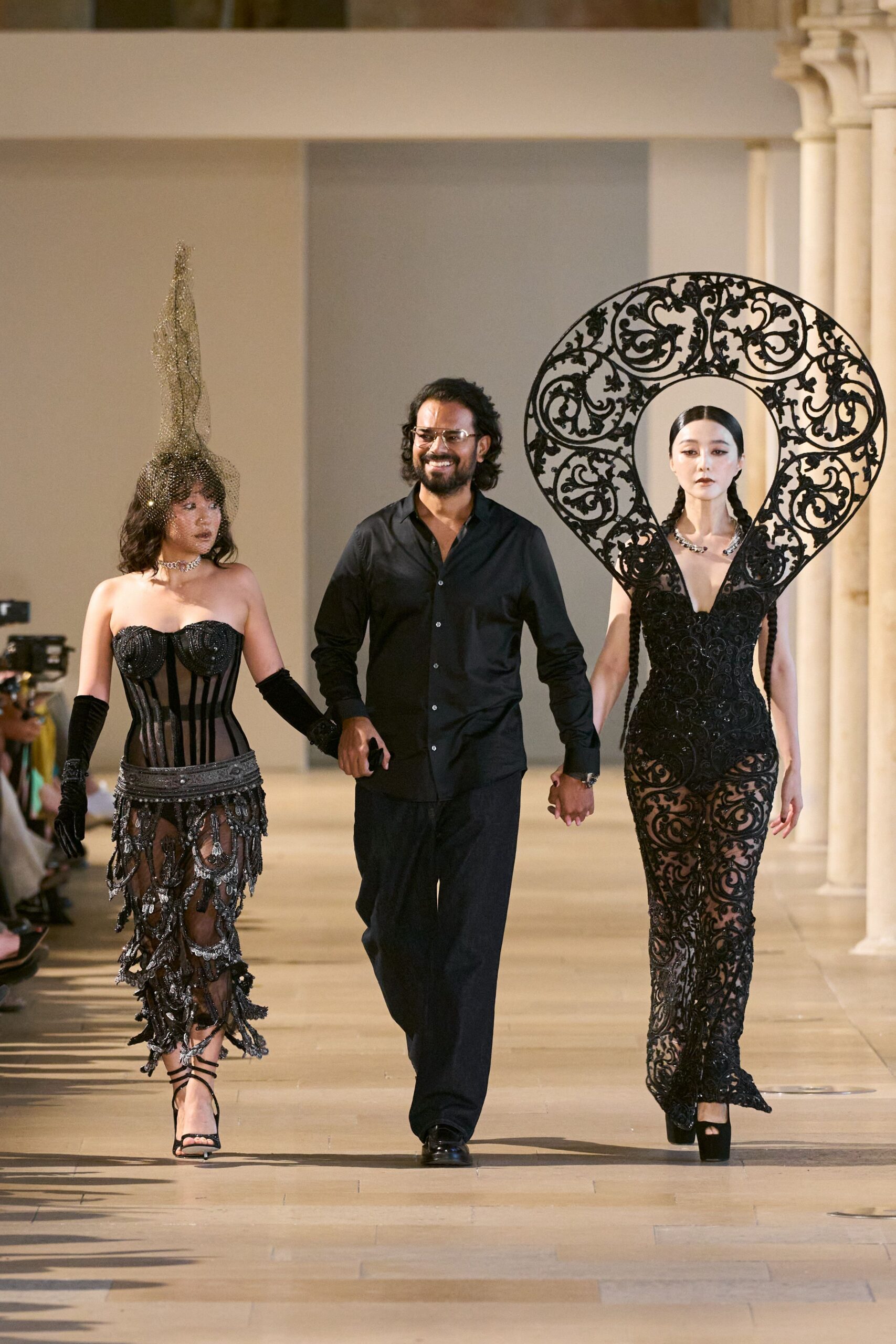 black lace long-sleeve v-neck fitted embroidered maxi gown