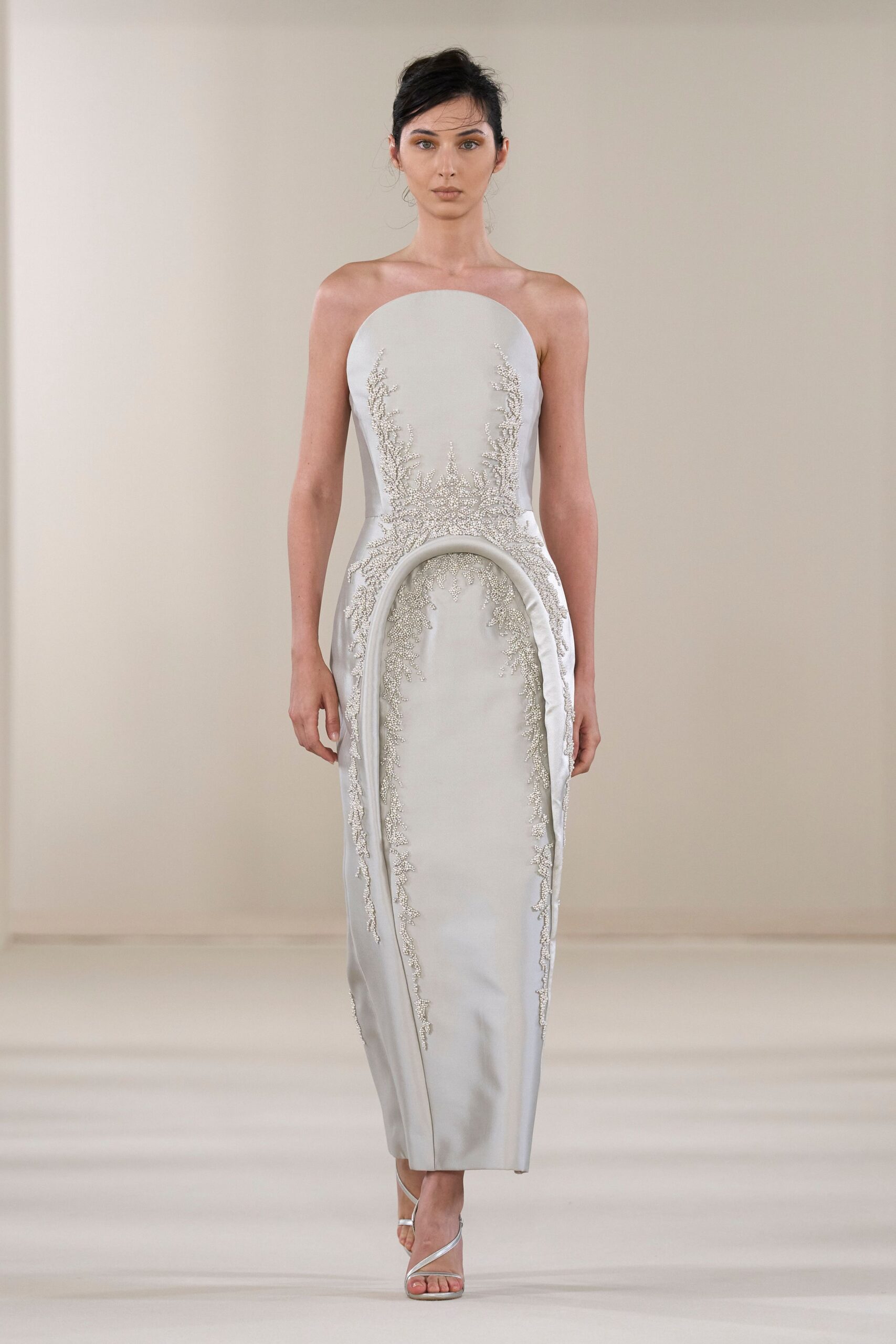 white silk embroidered gown