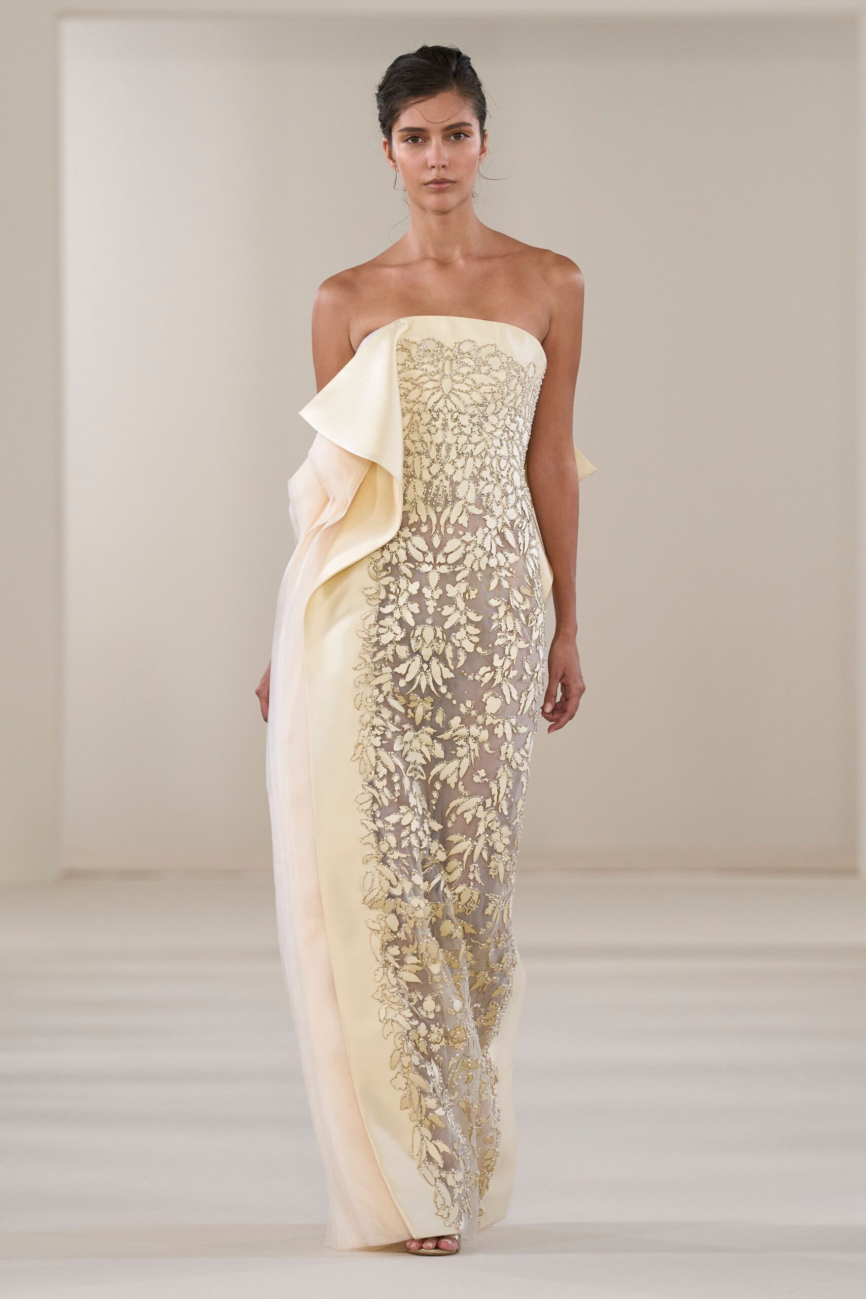 yellow gold embroidered strapless gown