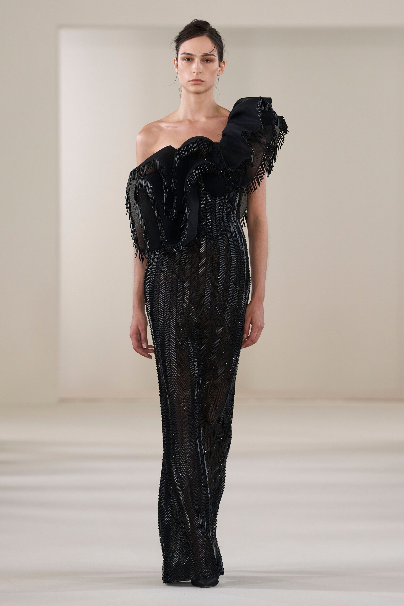black silk off-shoulder gown