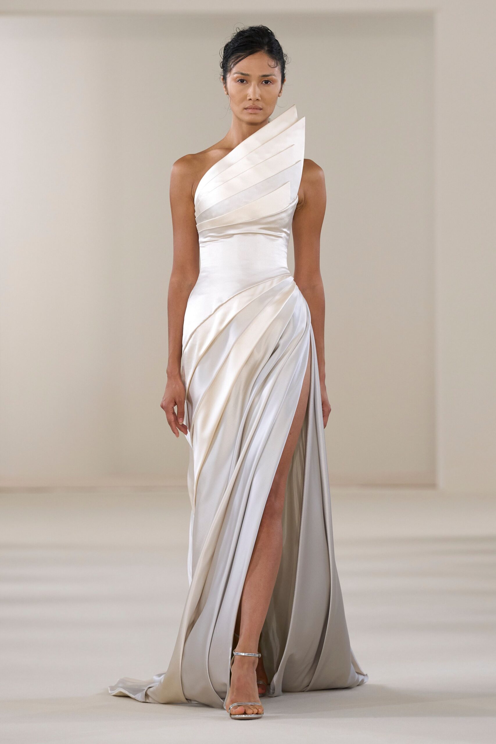 beige silk fitted gown