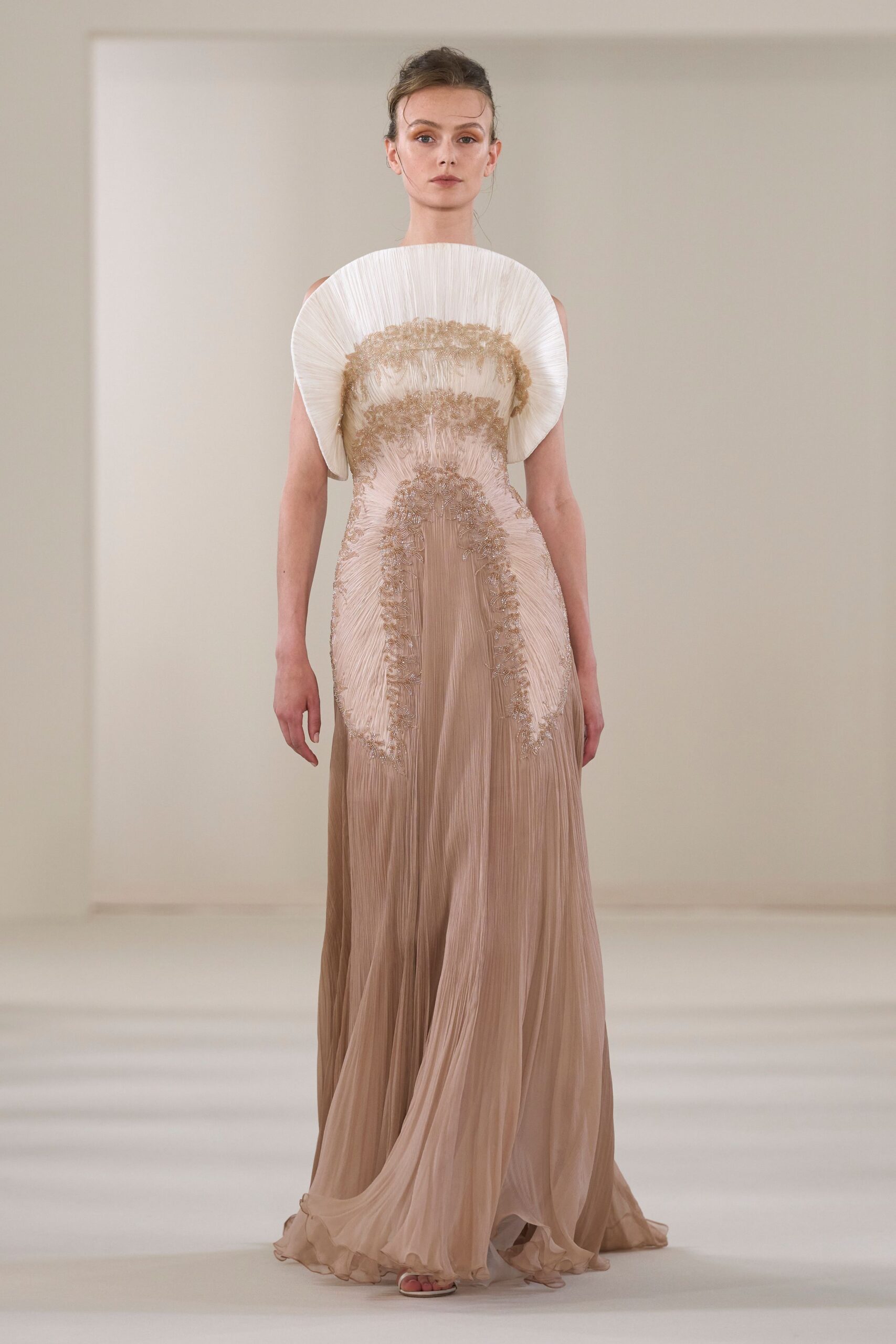 beige silk pleated gown
