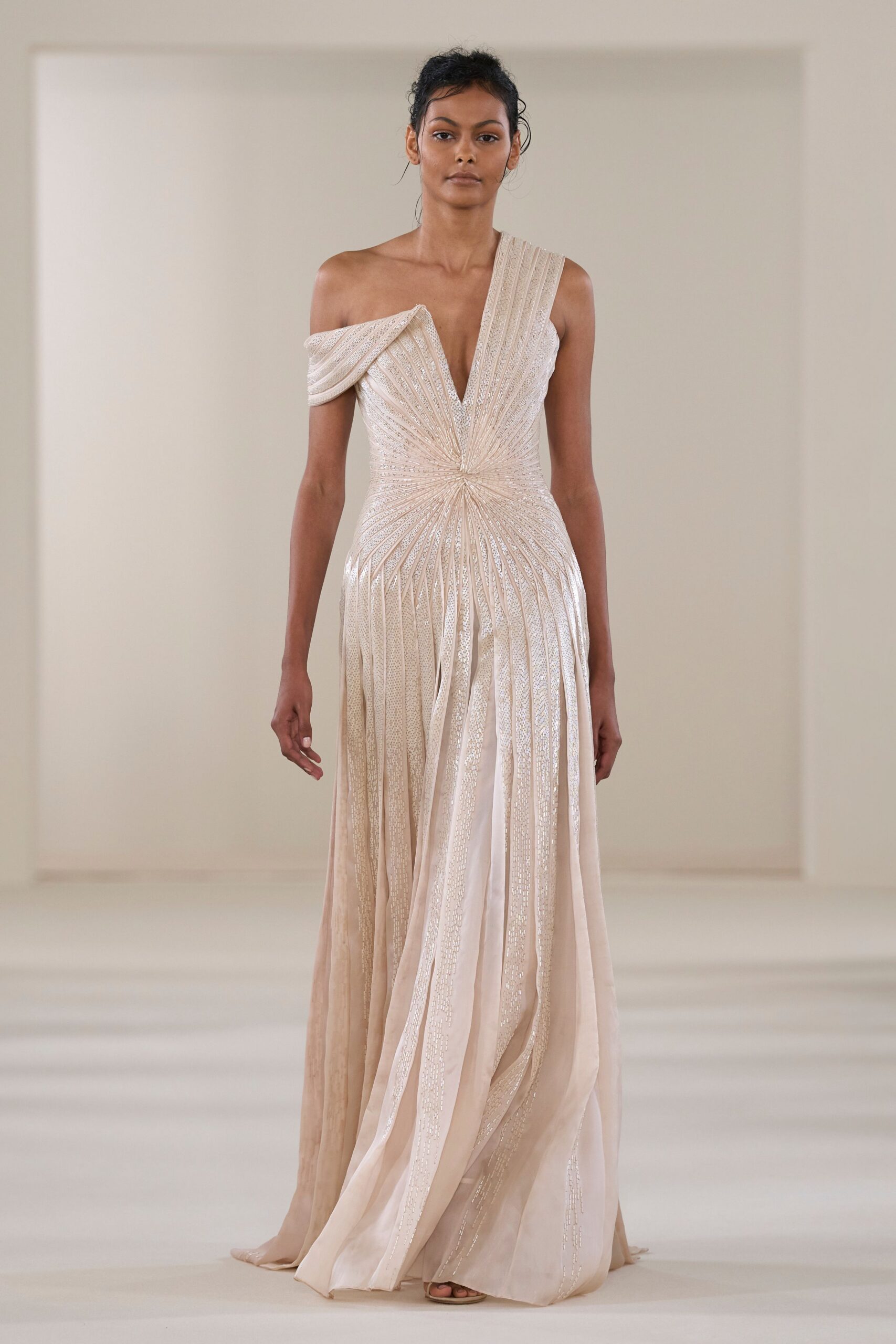 beige silk off-shoulder gown