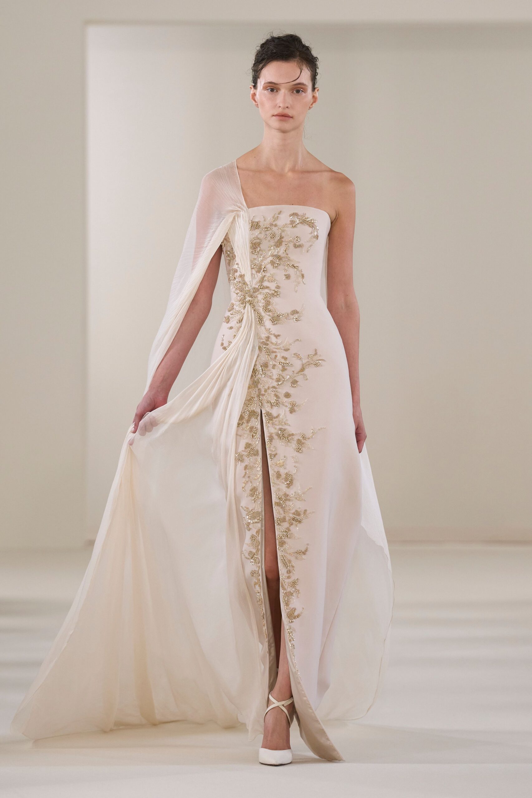 ivory embroidered asymmetric gown