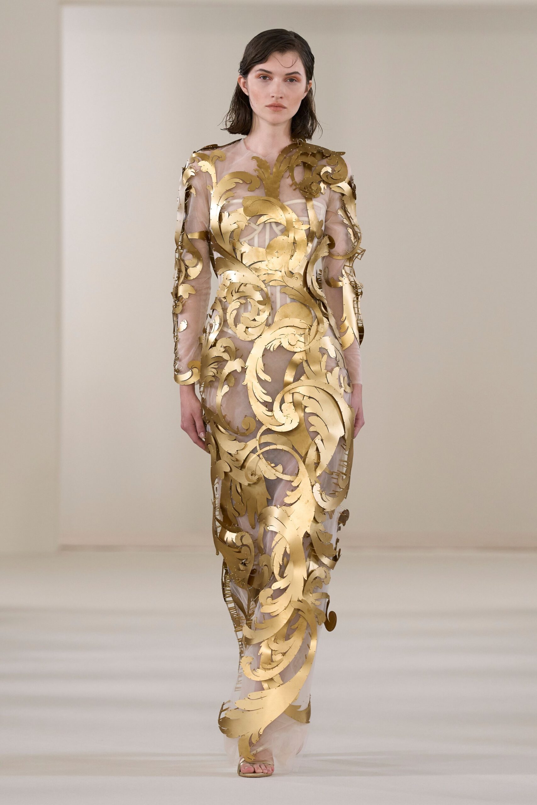 gold embroidered long-sleeve gown