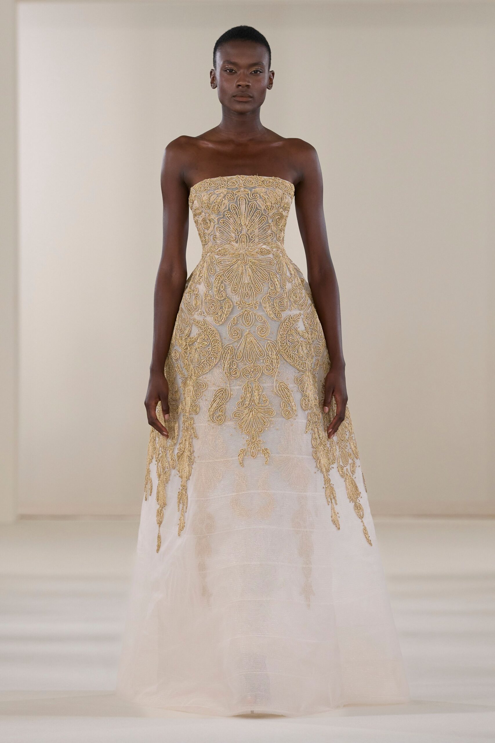gold ivory strapless embroidered gown