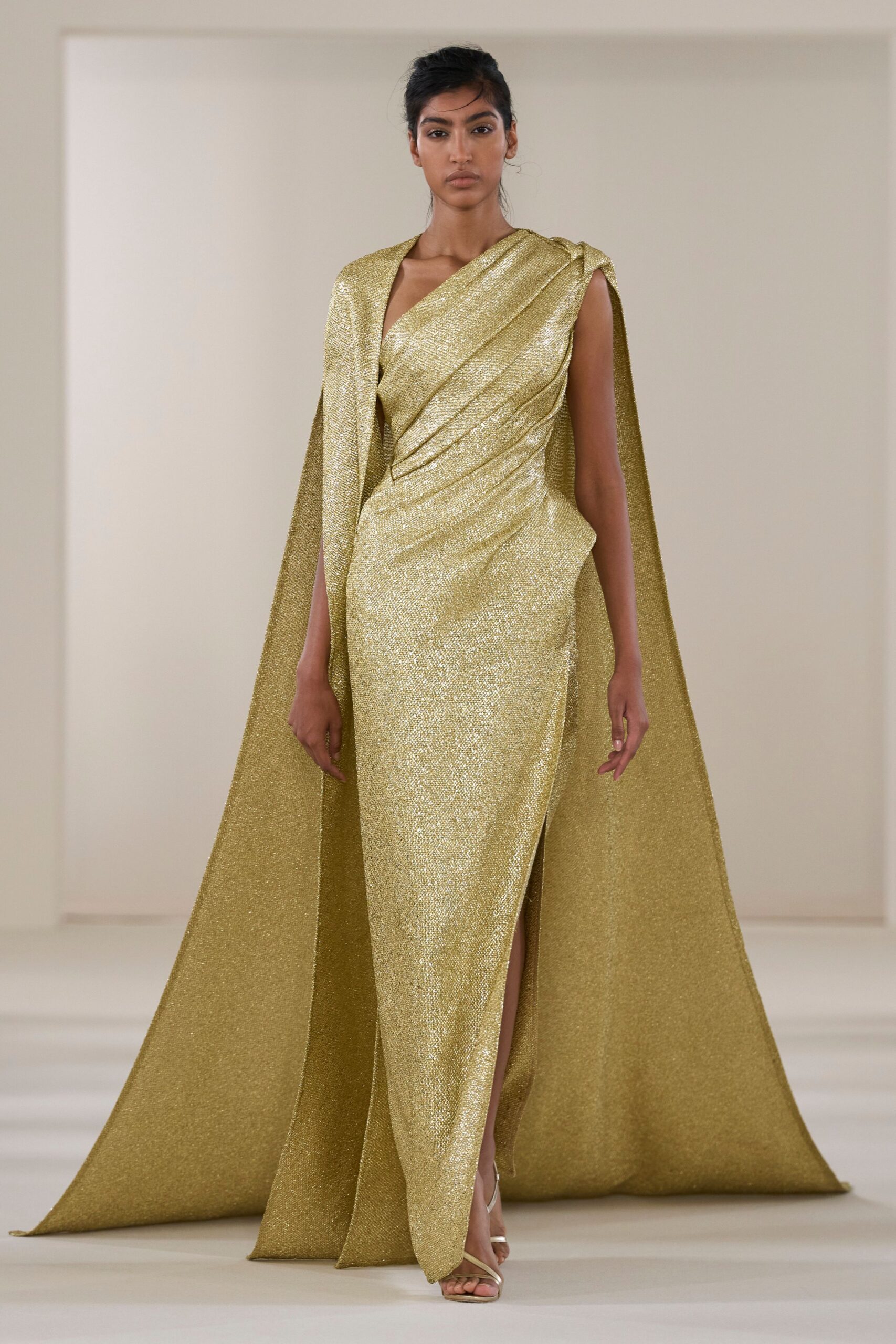 gold satin draped gown