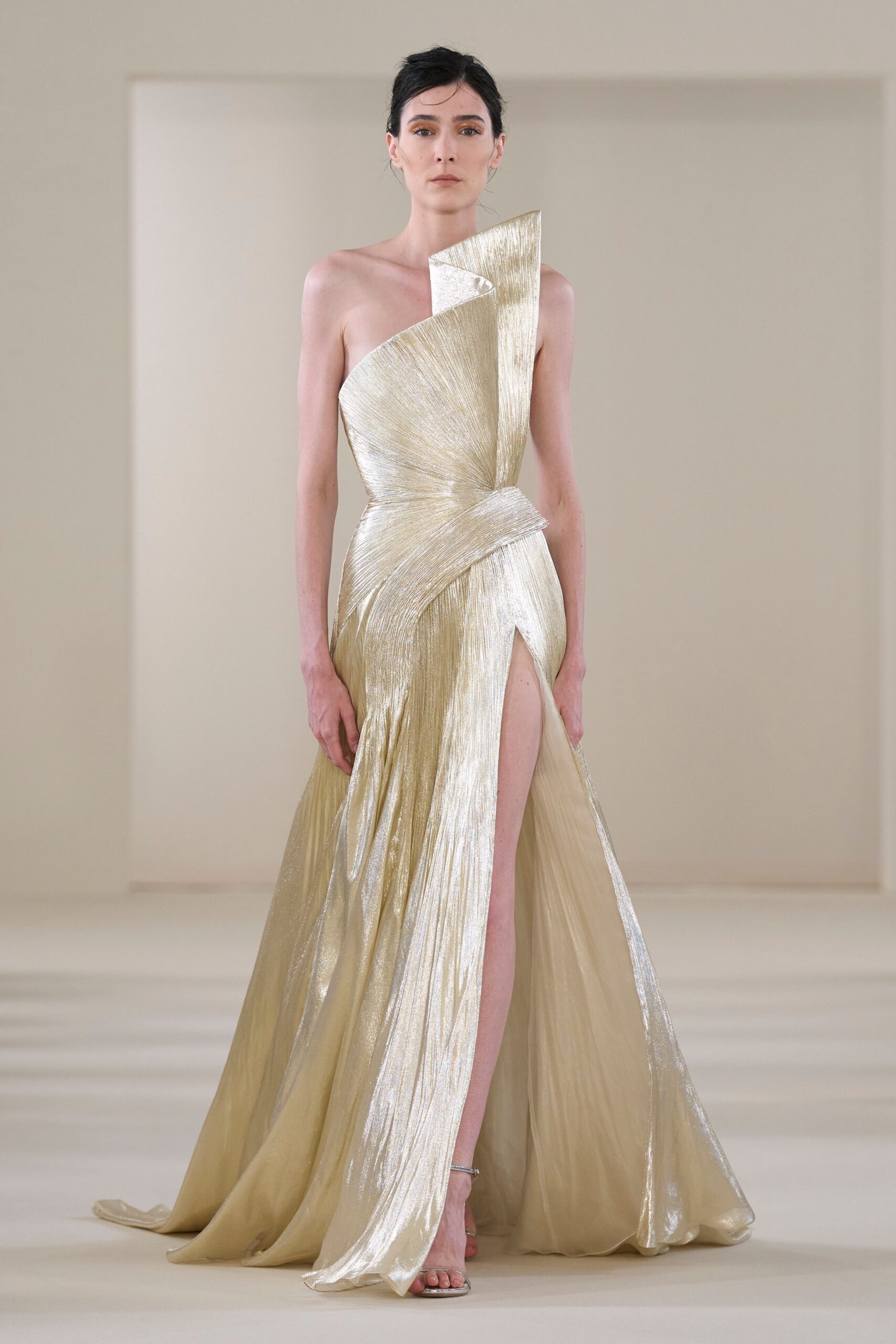 gold asymmetric draped gown