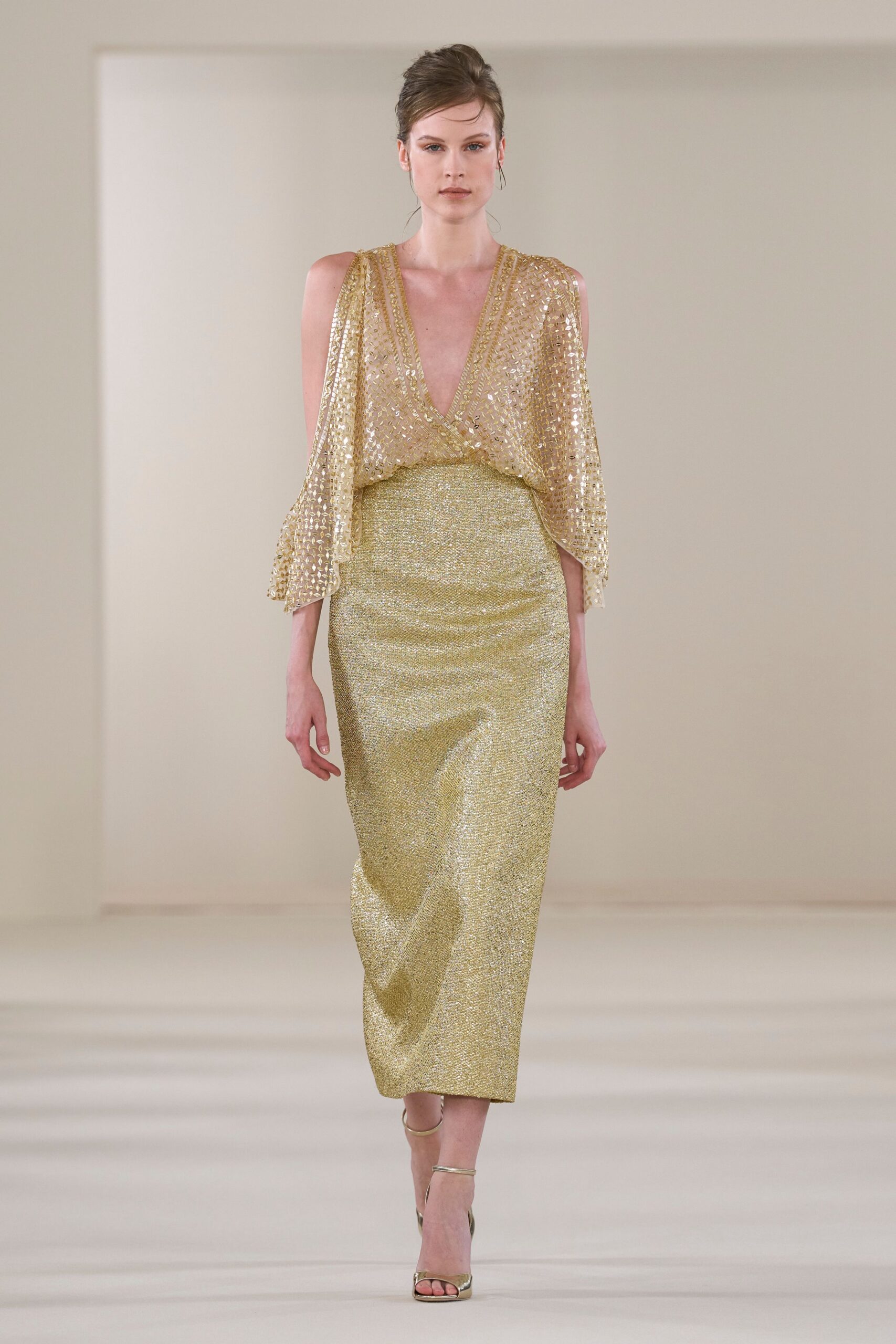 gold sequin midi gown with heels