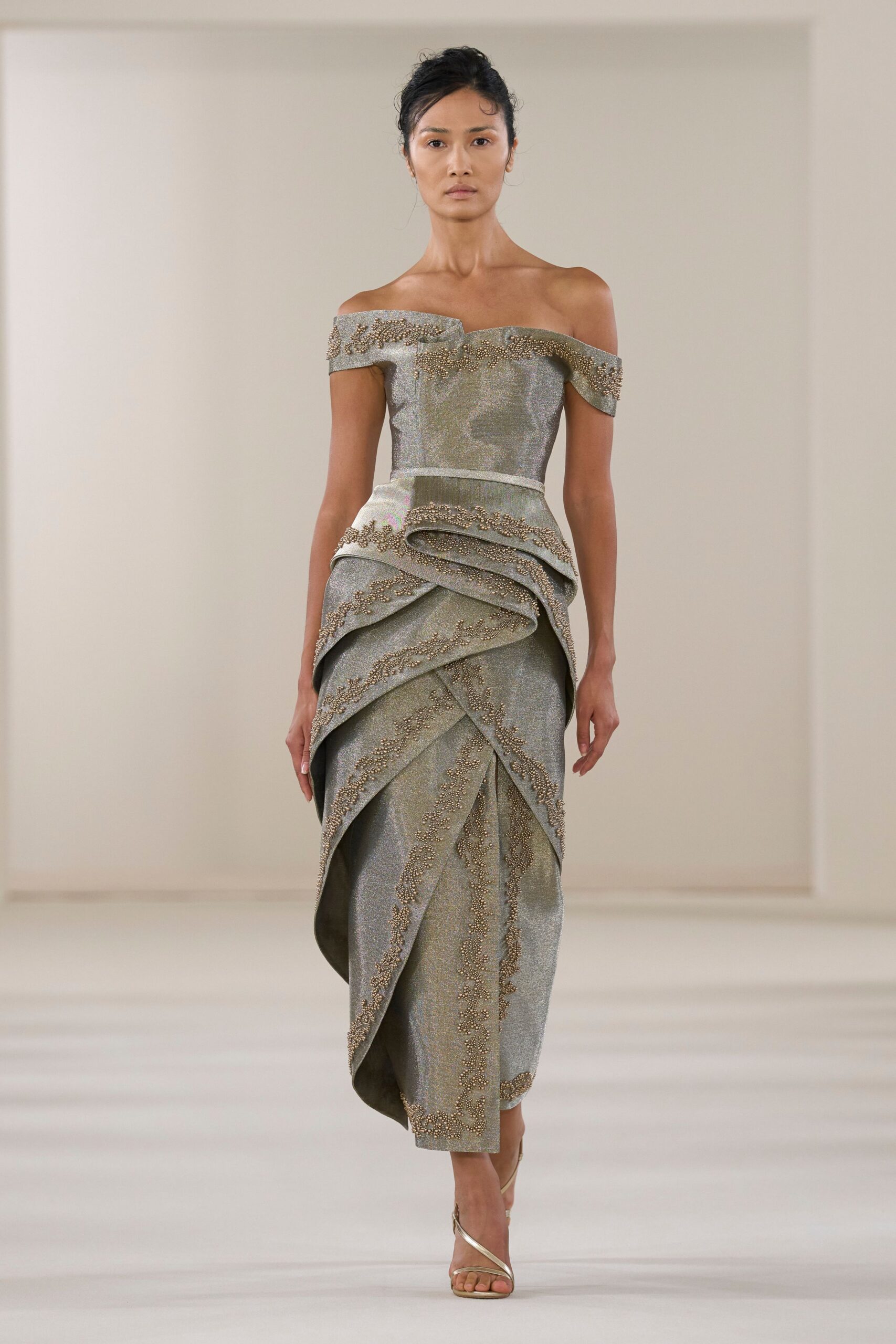 gray silk off-shoulder gown