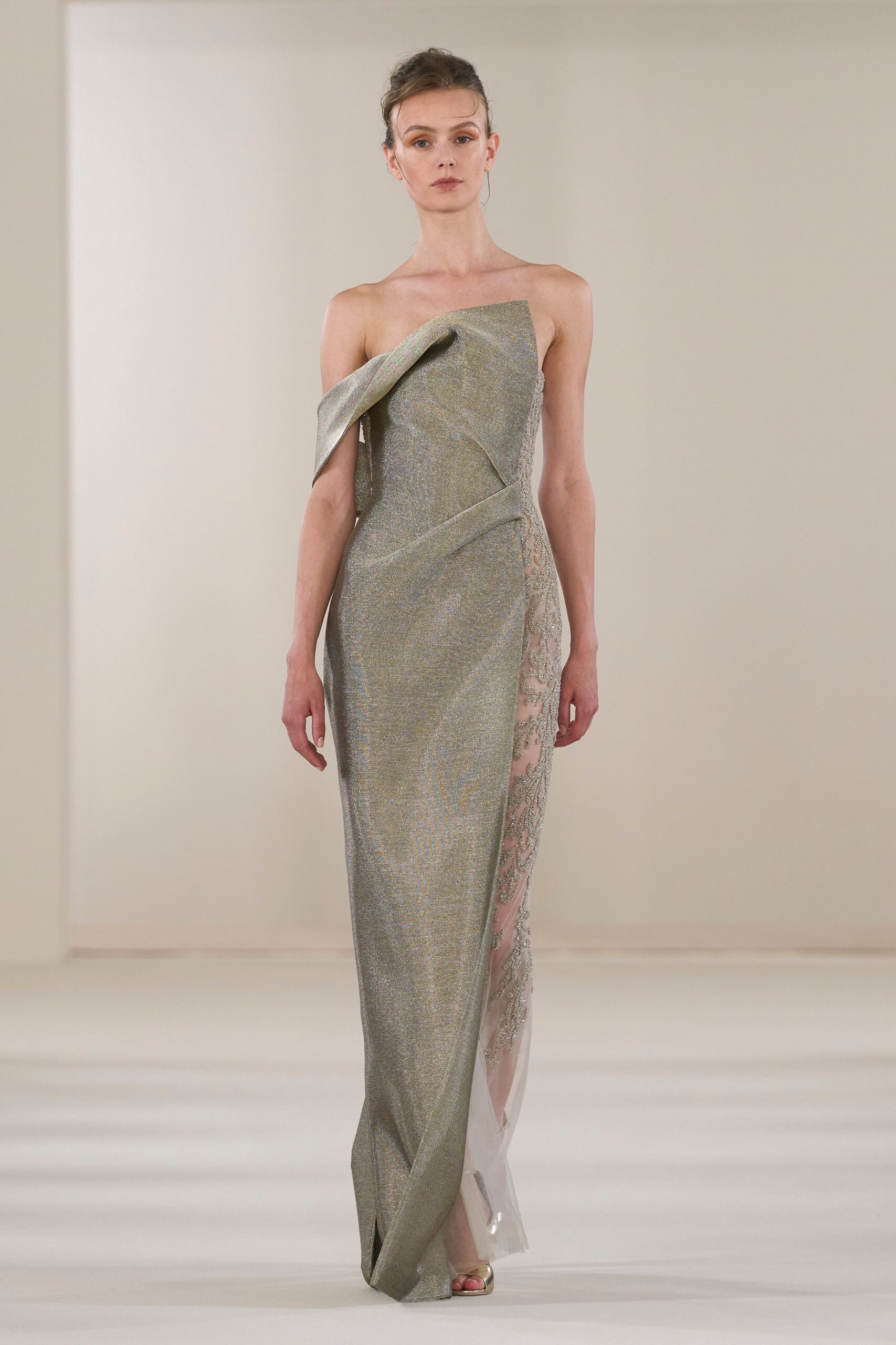 silver strapless draped gown