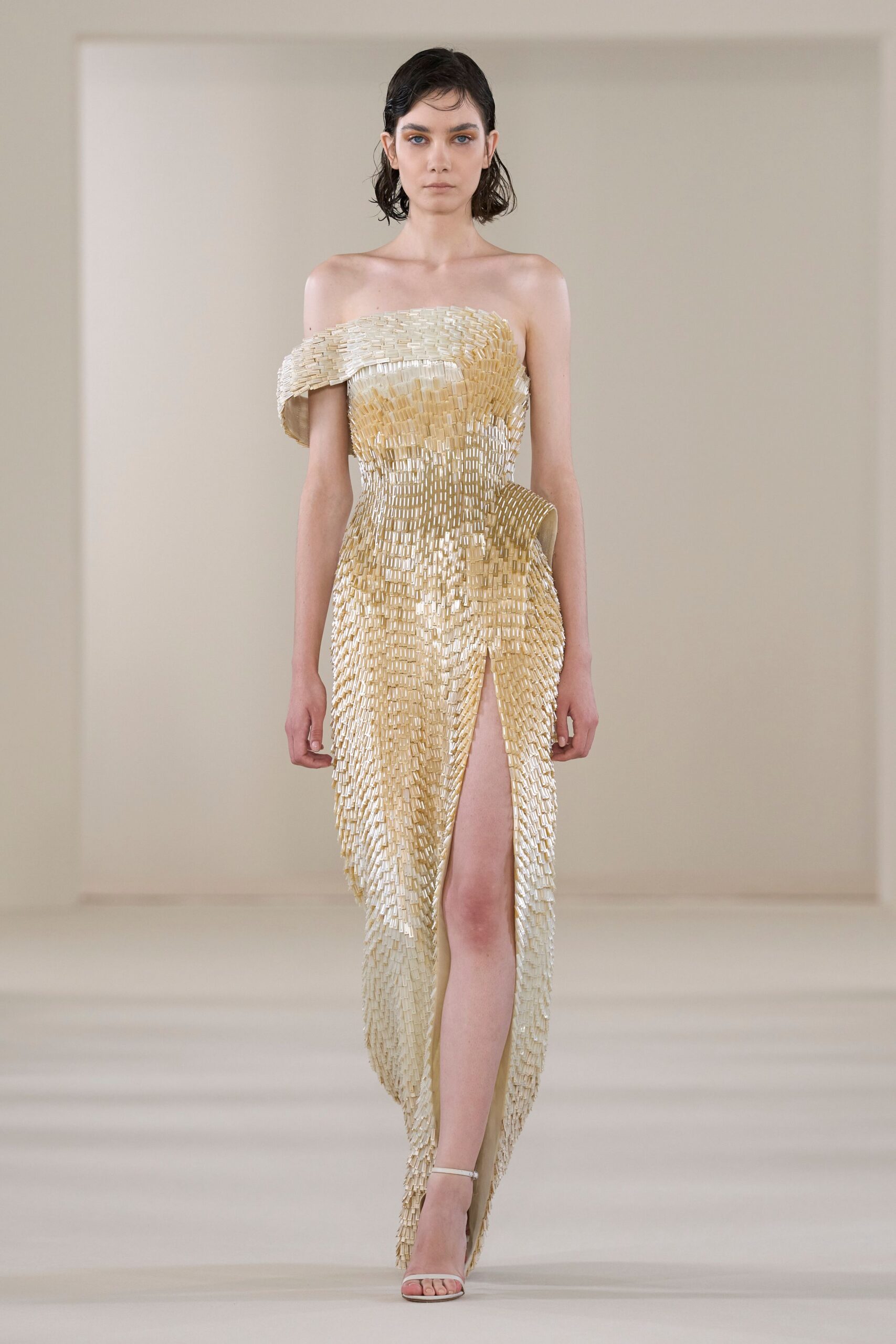 gold ivory strapless gown
