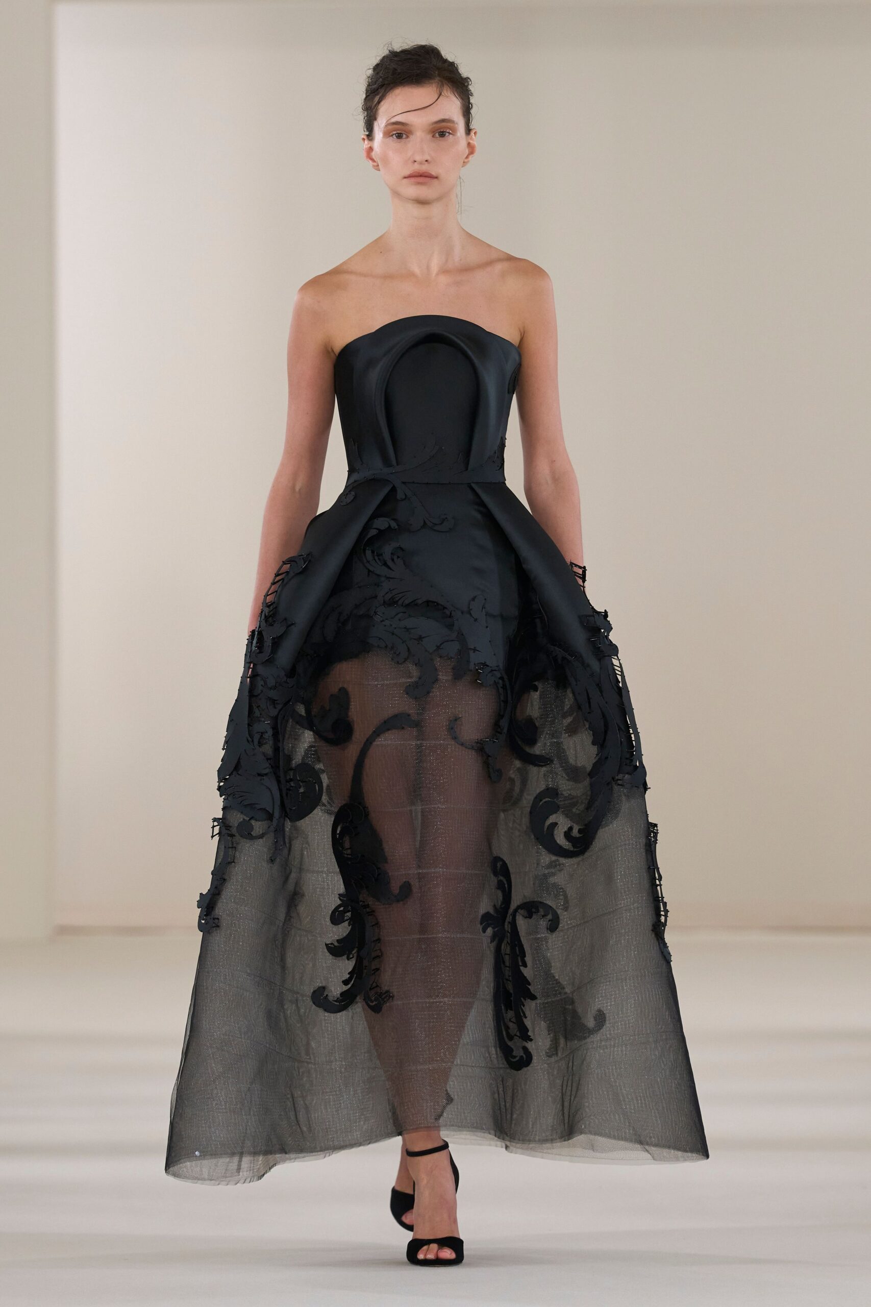 black strapless embroidered gown