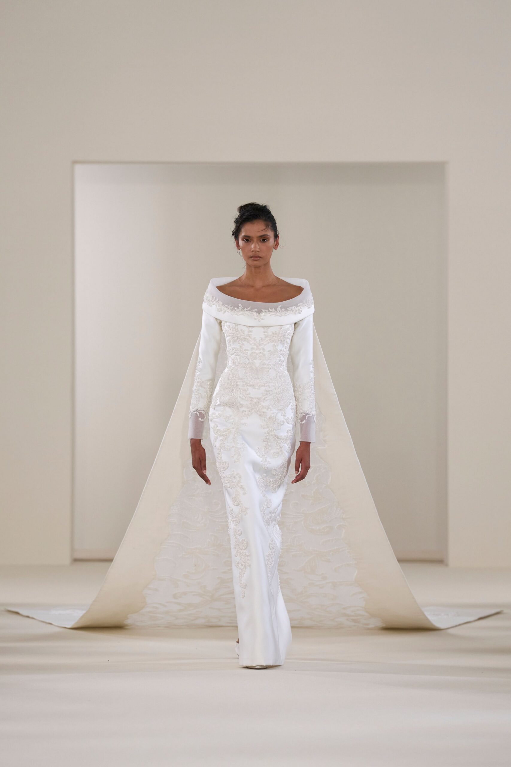 white silk off-shoulder gown