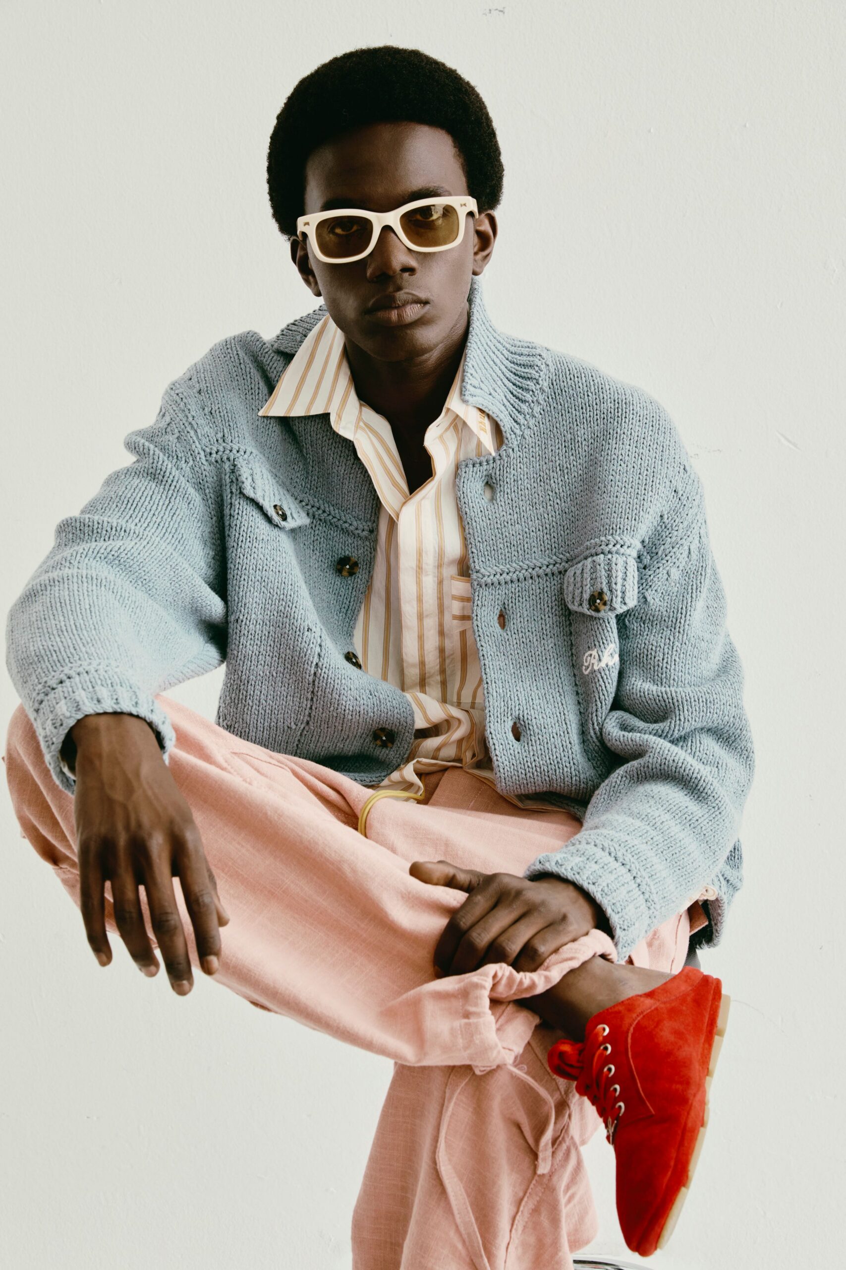 blue cotton relaxed jacket with striped shirt