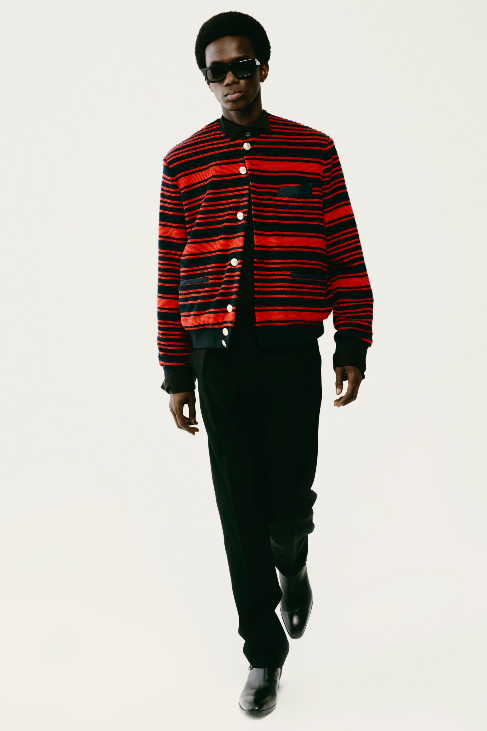 red striped jacket with black pants