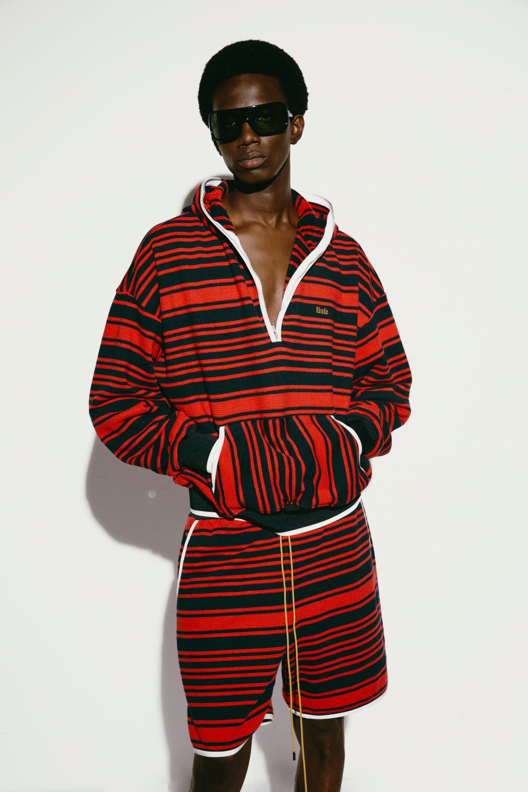 red striped hoodie and shorts