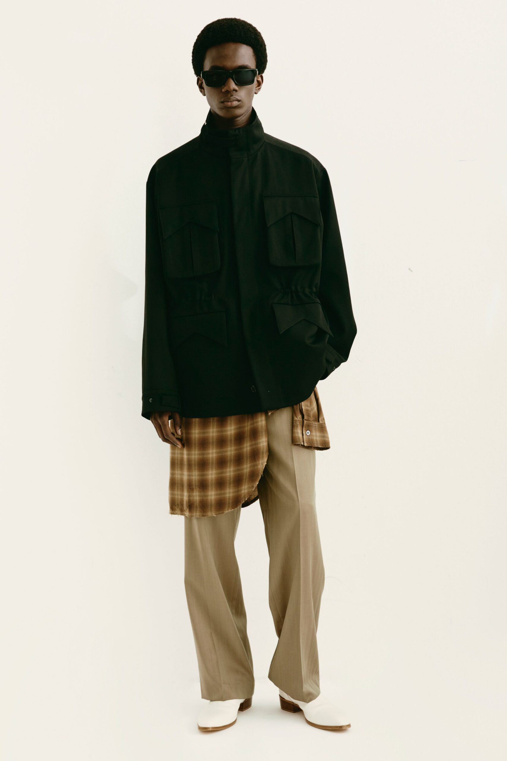 black jacket with checked shirt