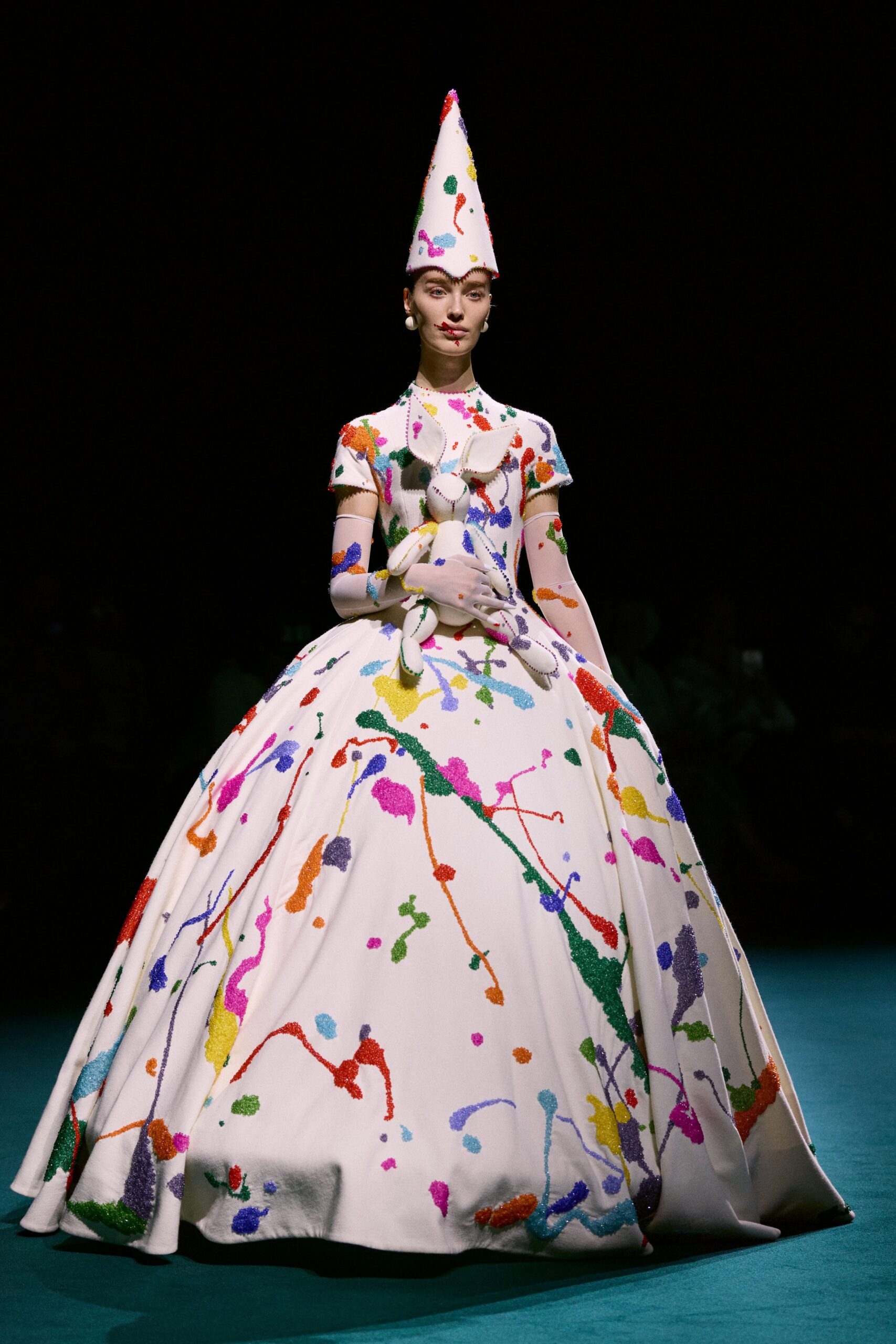 colorful printed maxi gown with cone hat