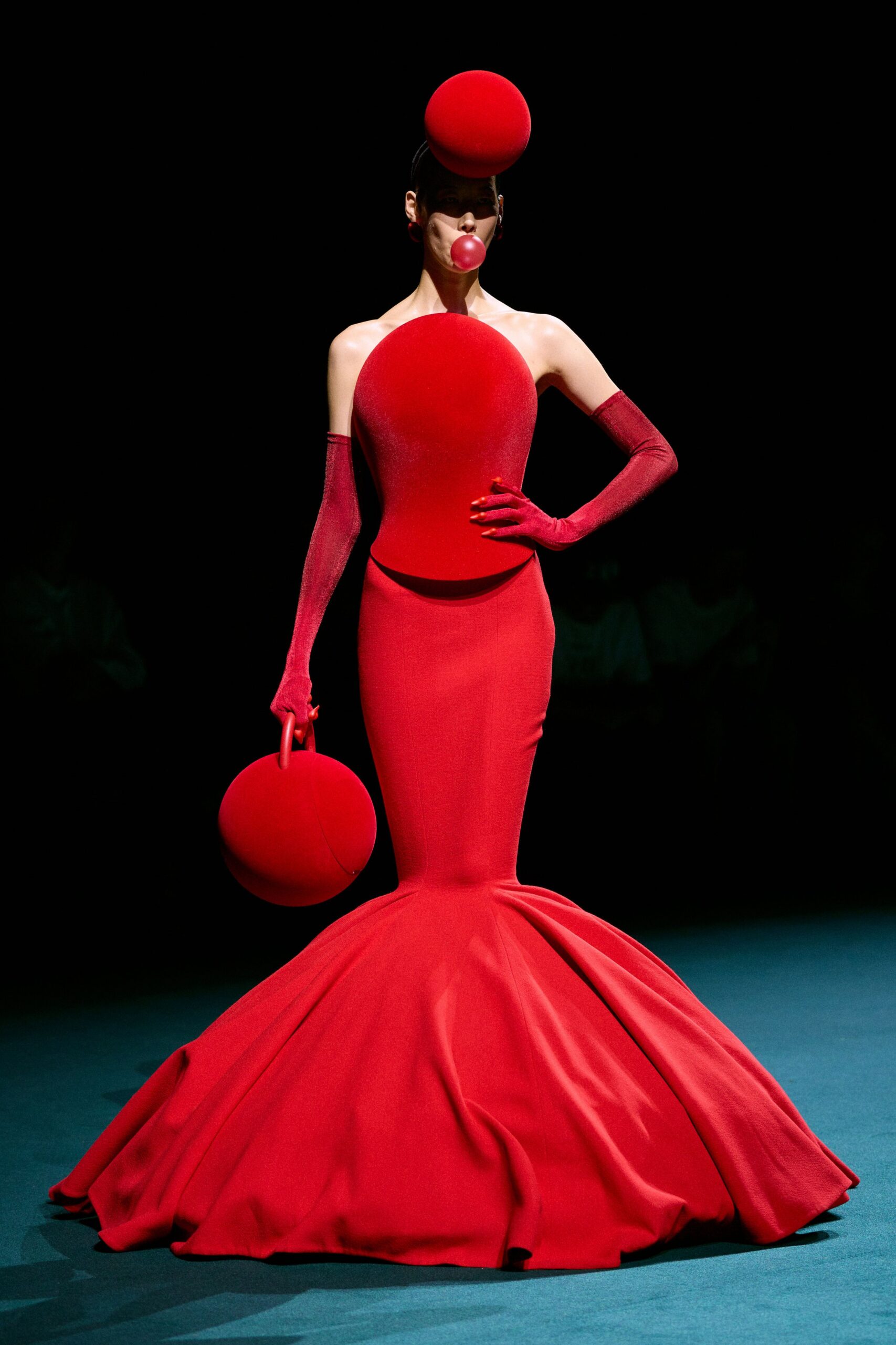 red fitted strapless gown
