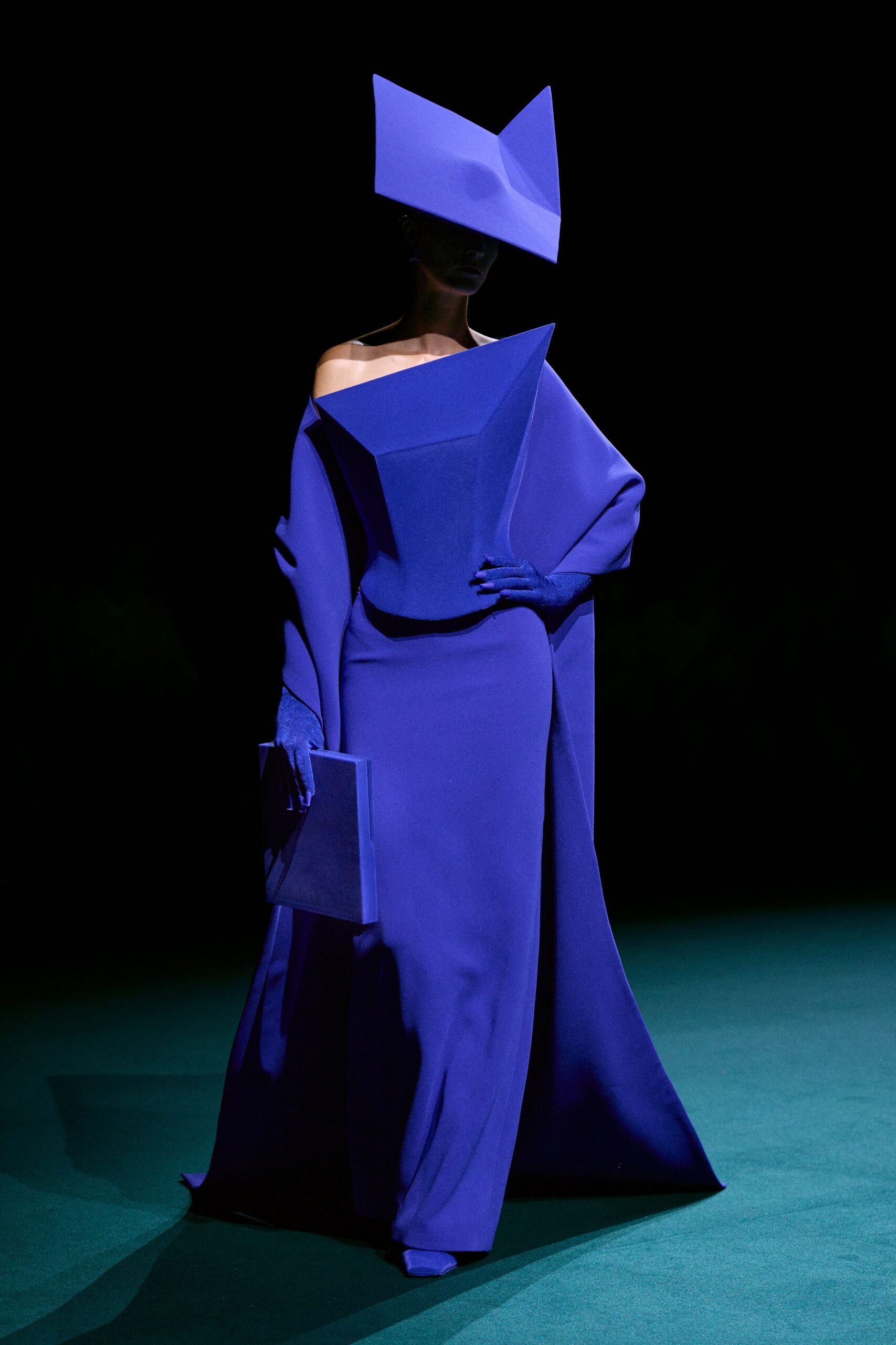 blue structured gown with hat