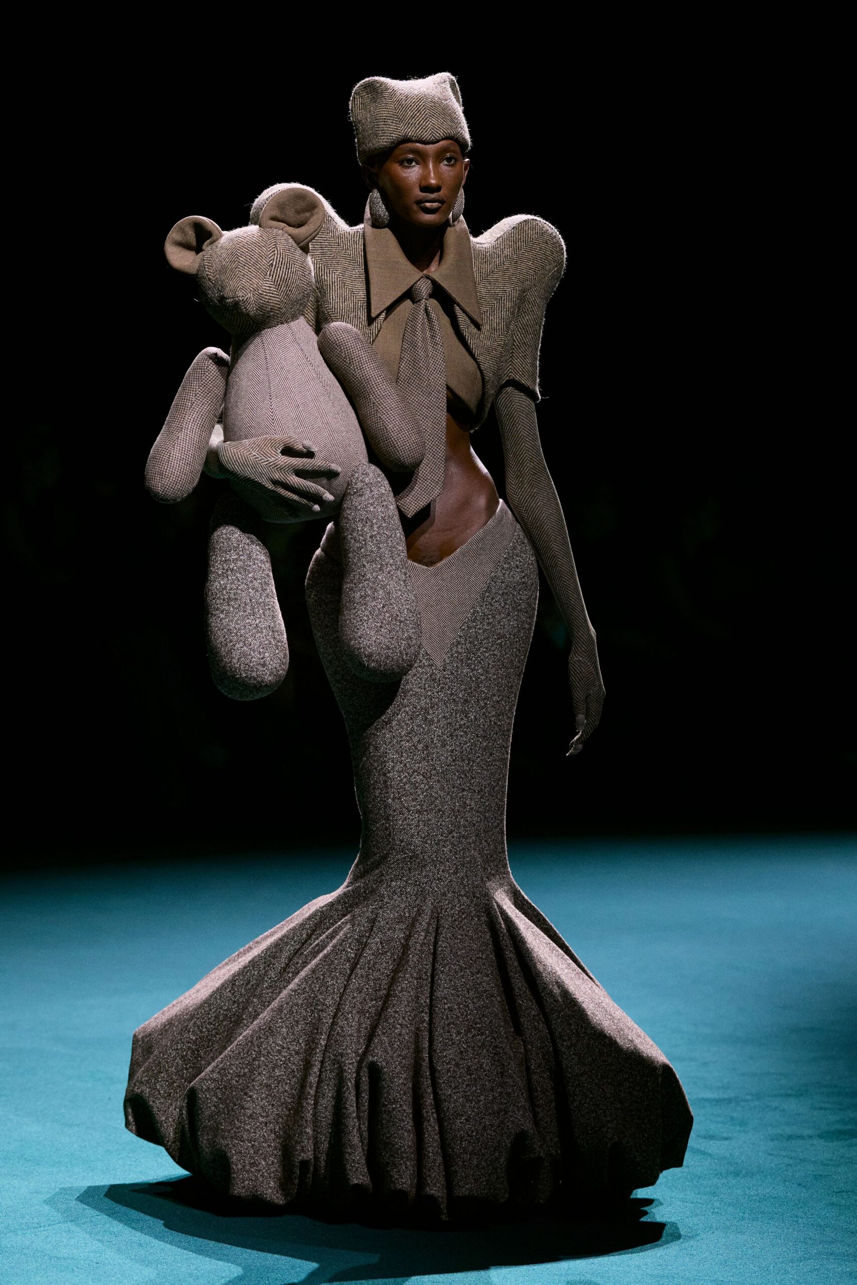 gray wool fitted gown with hat