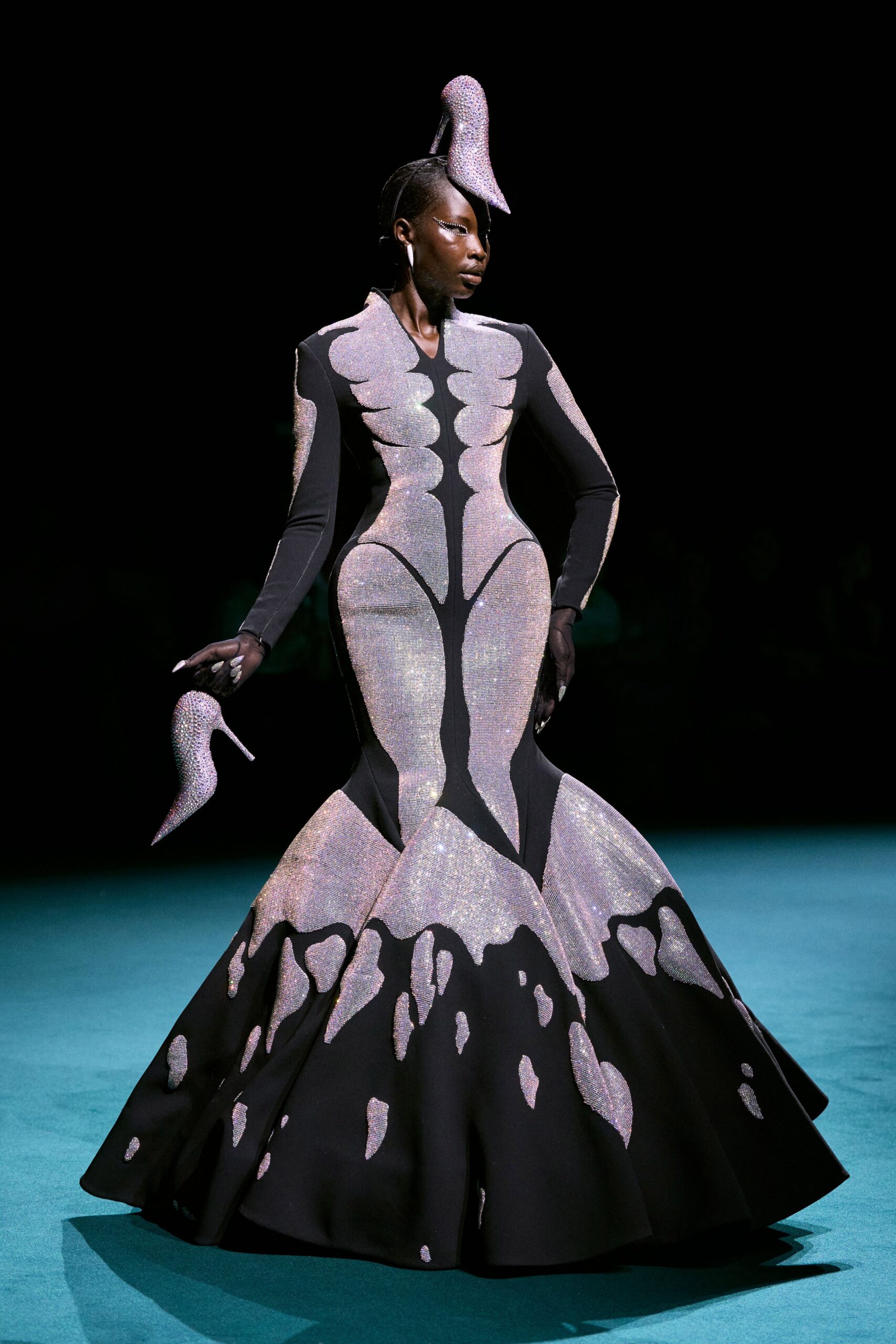 black and pink embellished gown