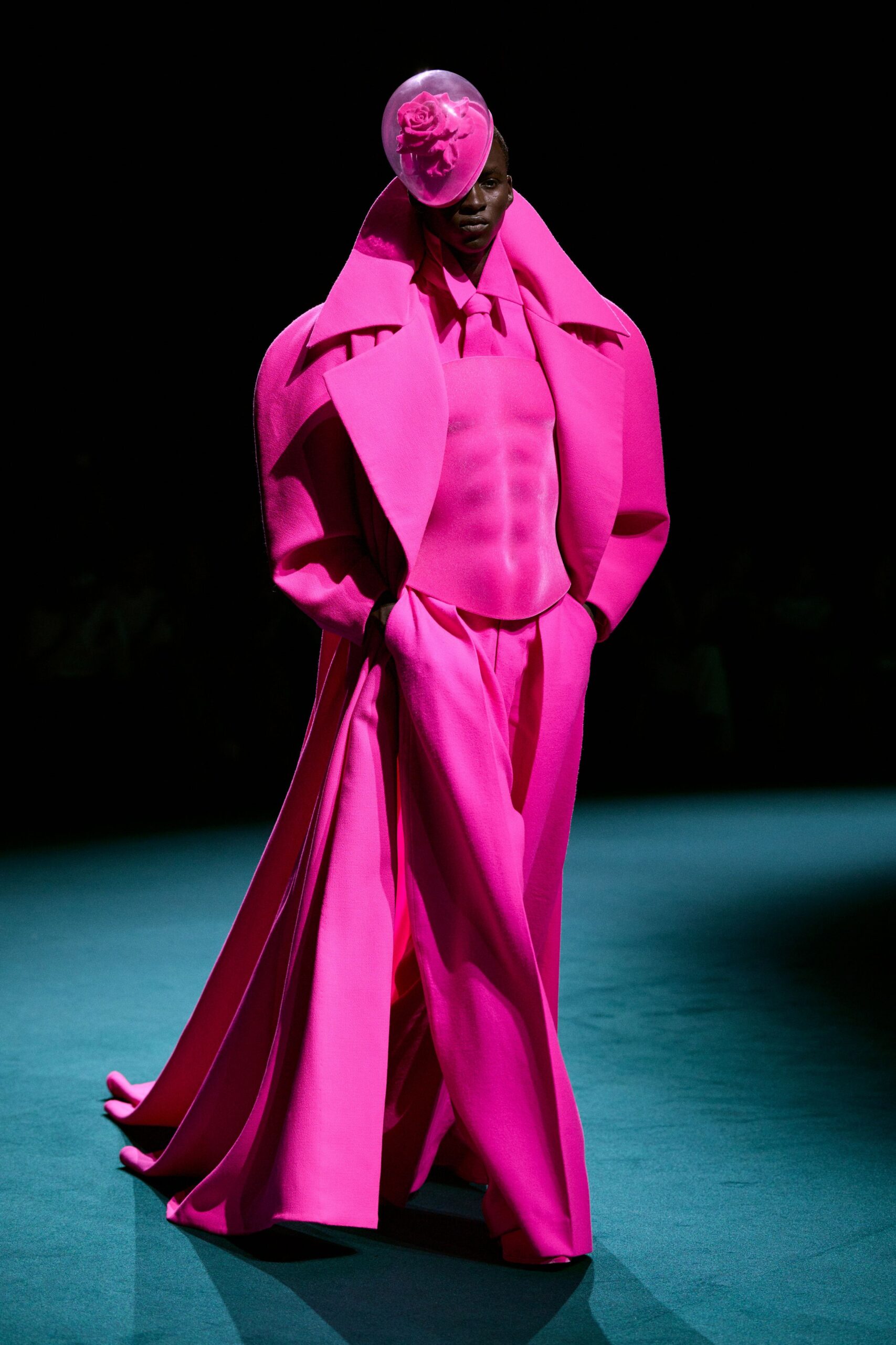 pink silk fitted gown with hat