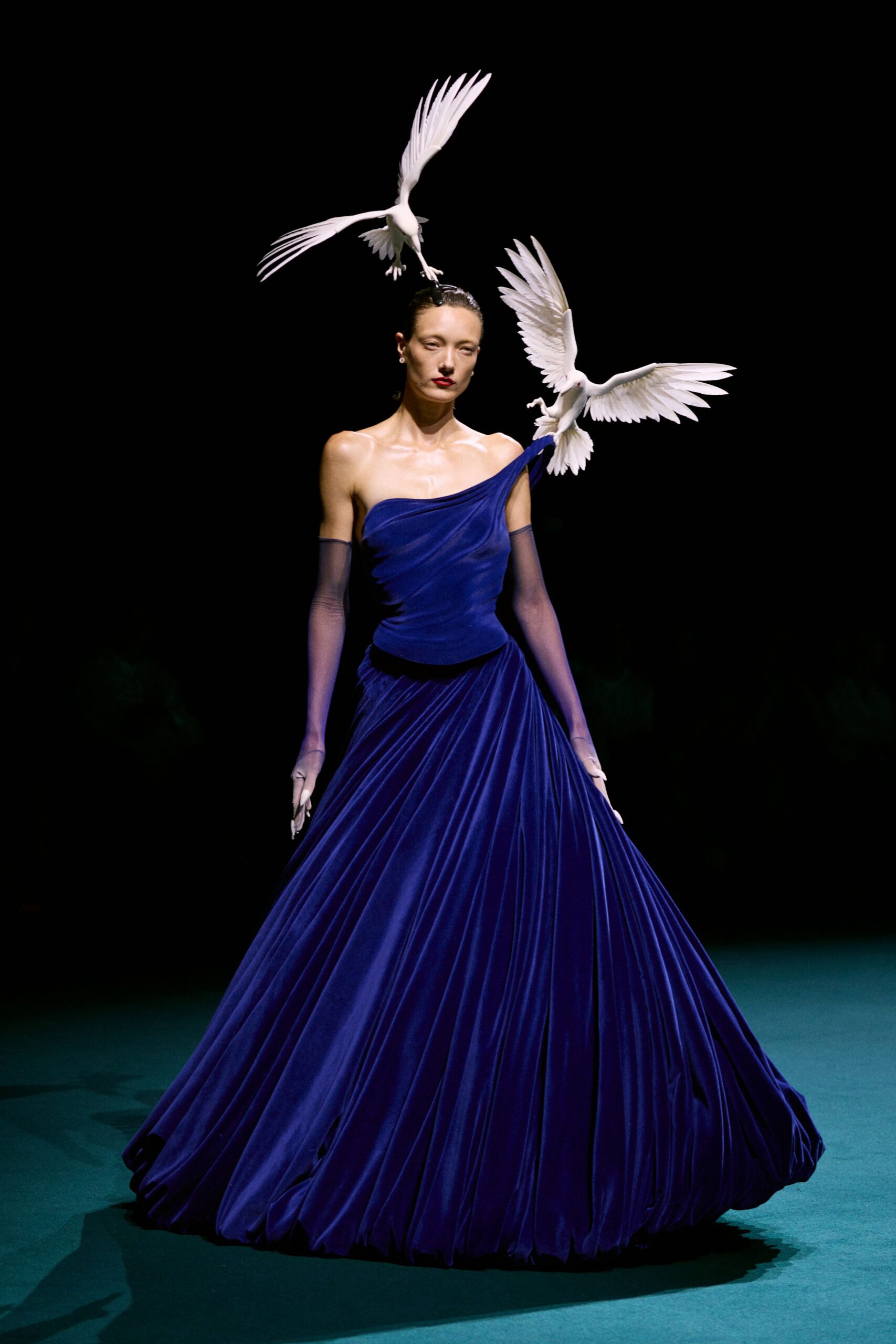 blue velvet off-shoulder gown