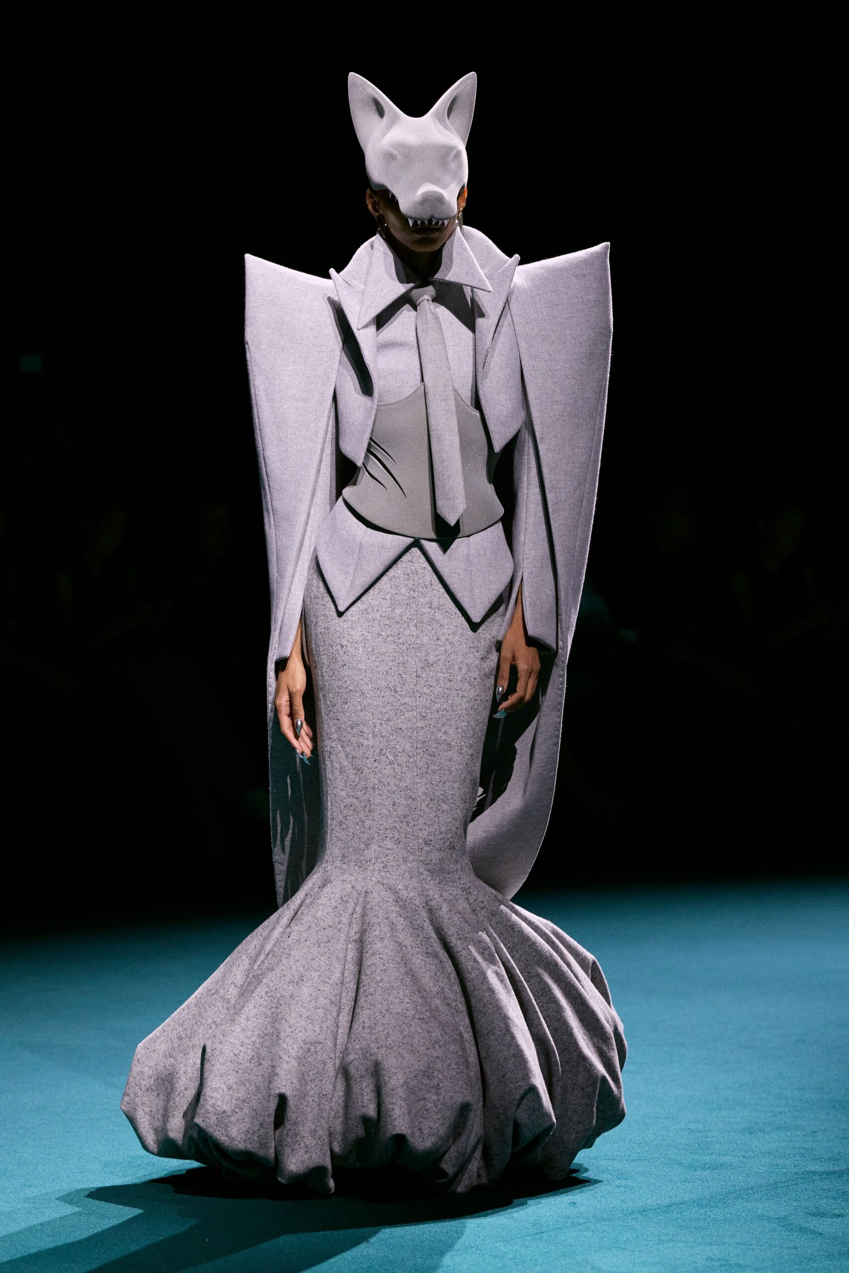gray wool gown and blazer