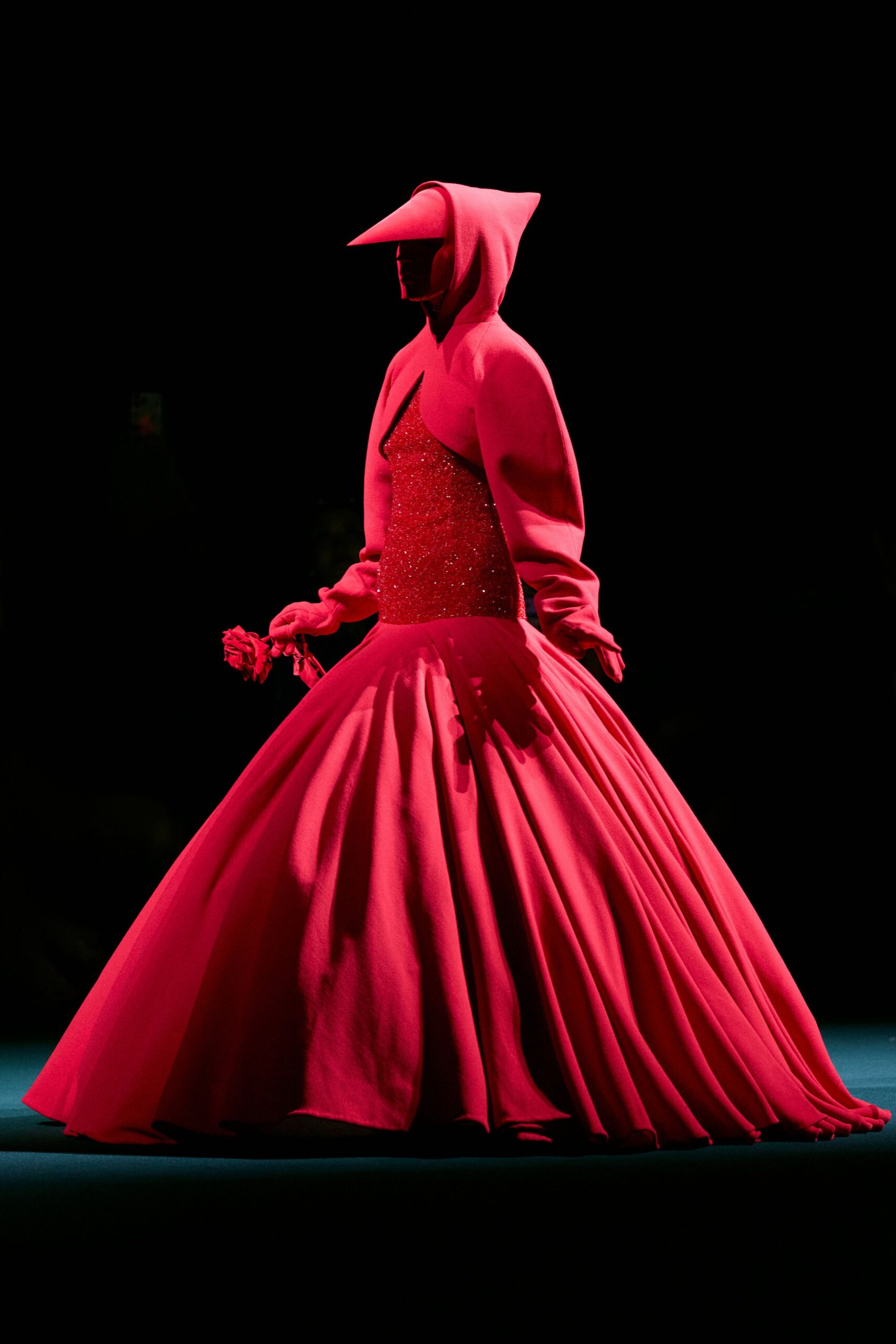 red silk hooded gown