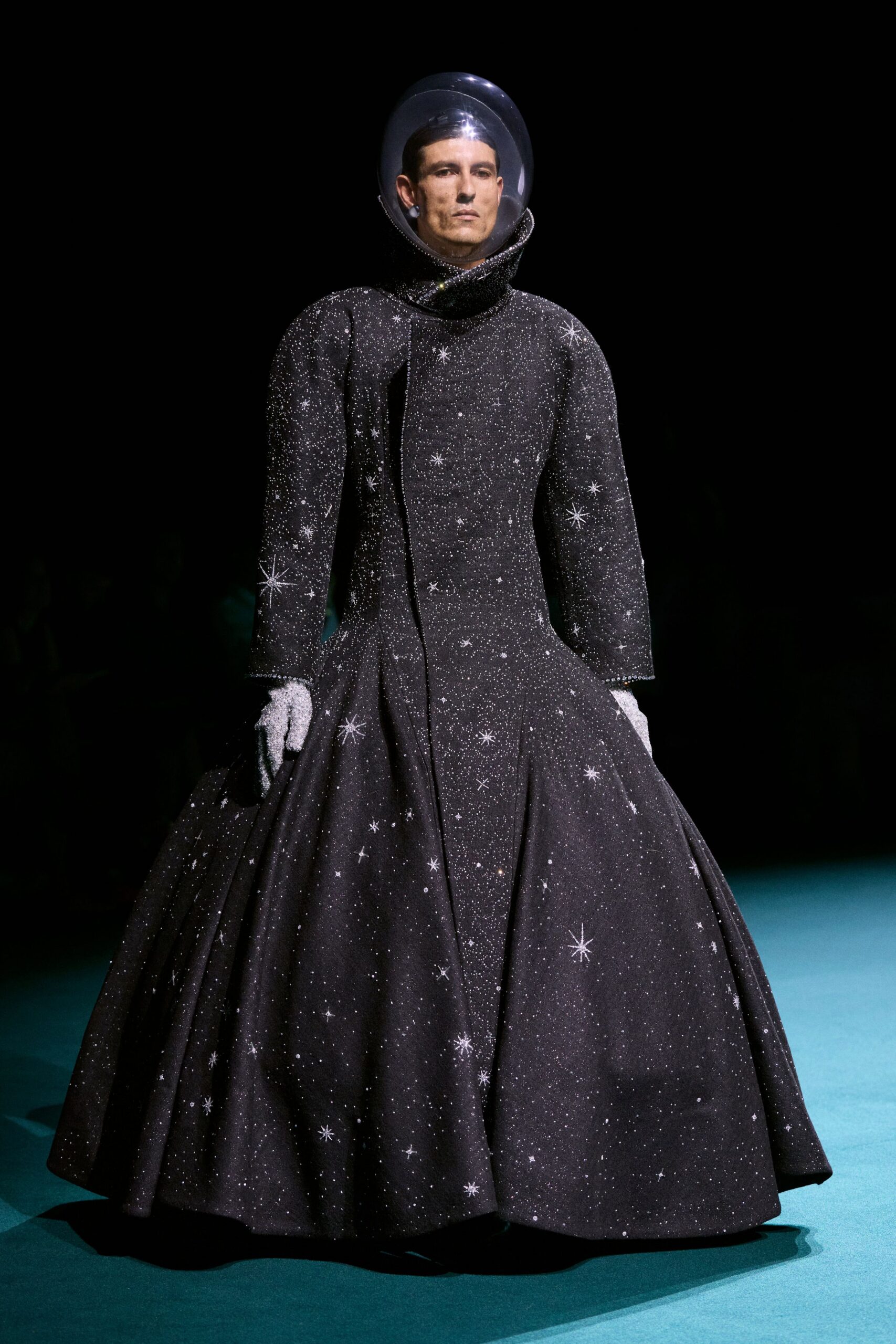 black embellished gown with gloves