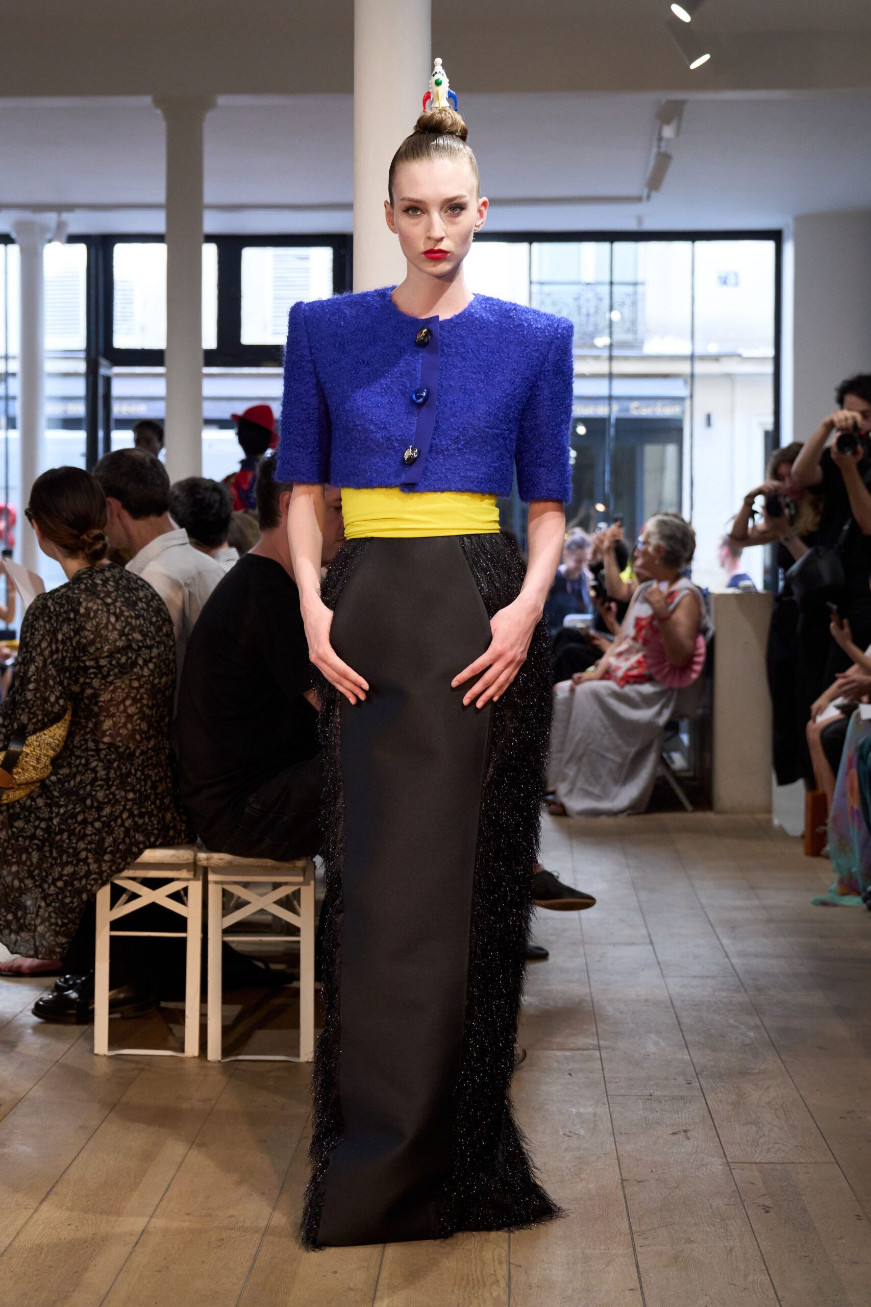 blue structured top black maxi skirt
