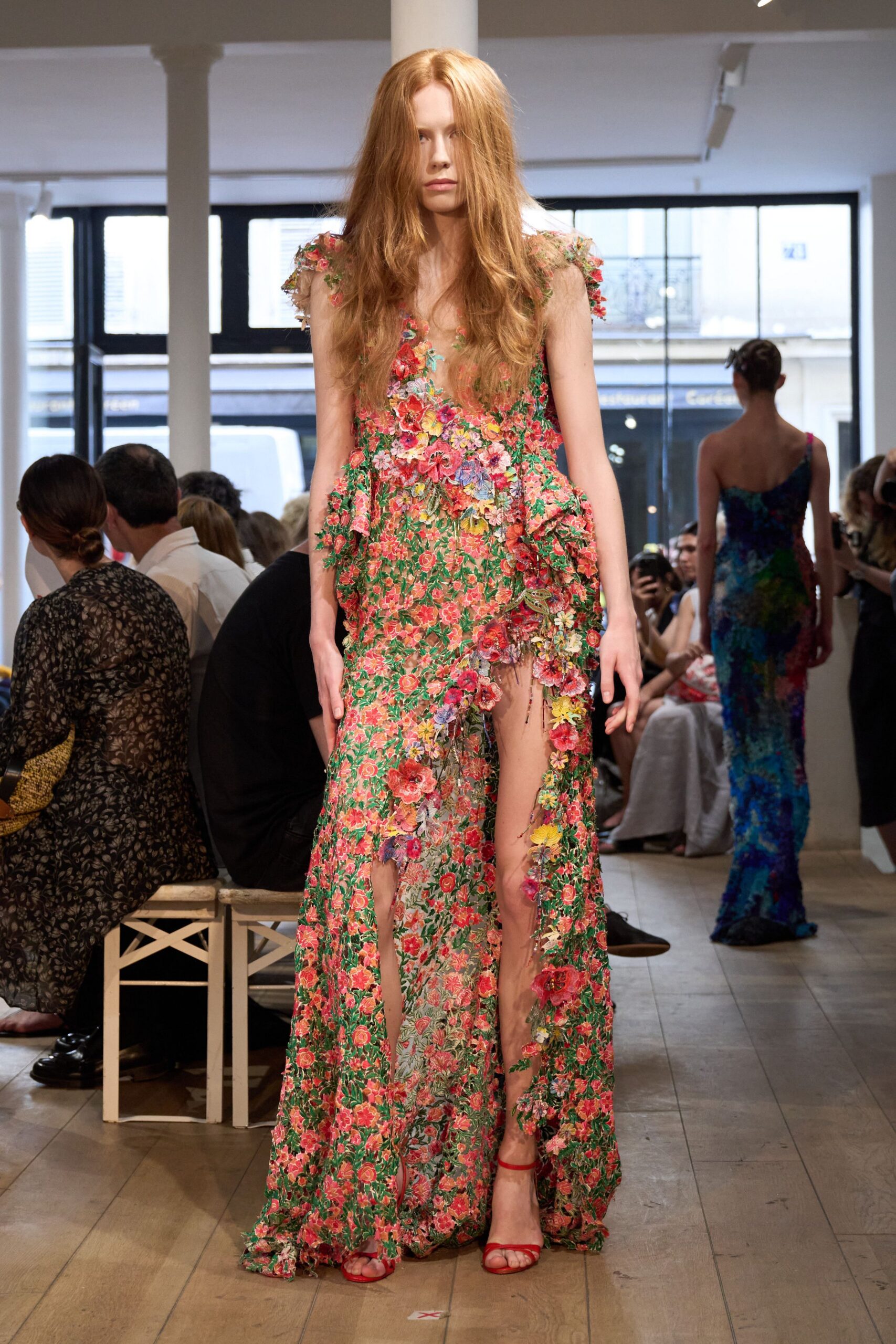 floral green maxi gown with red shoes
