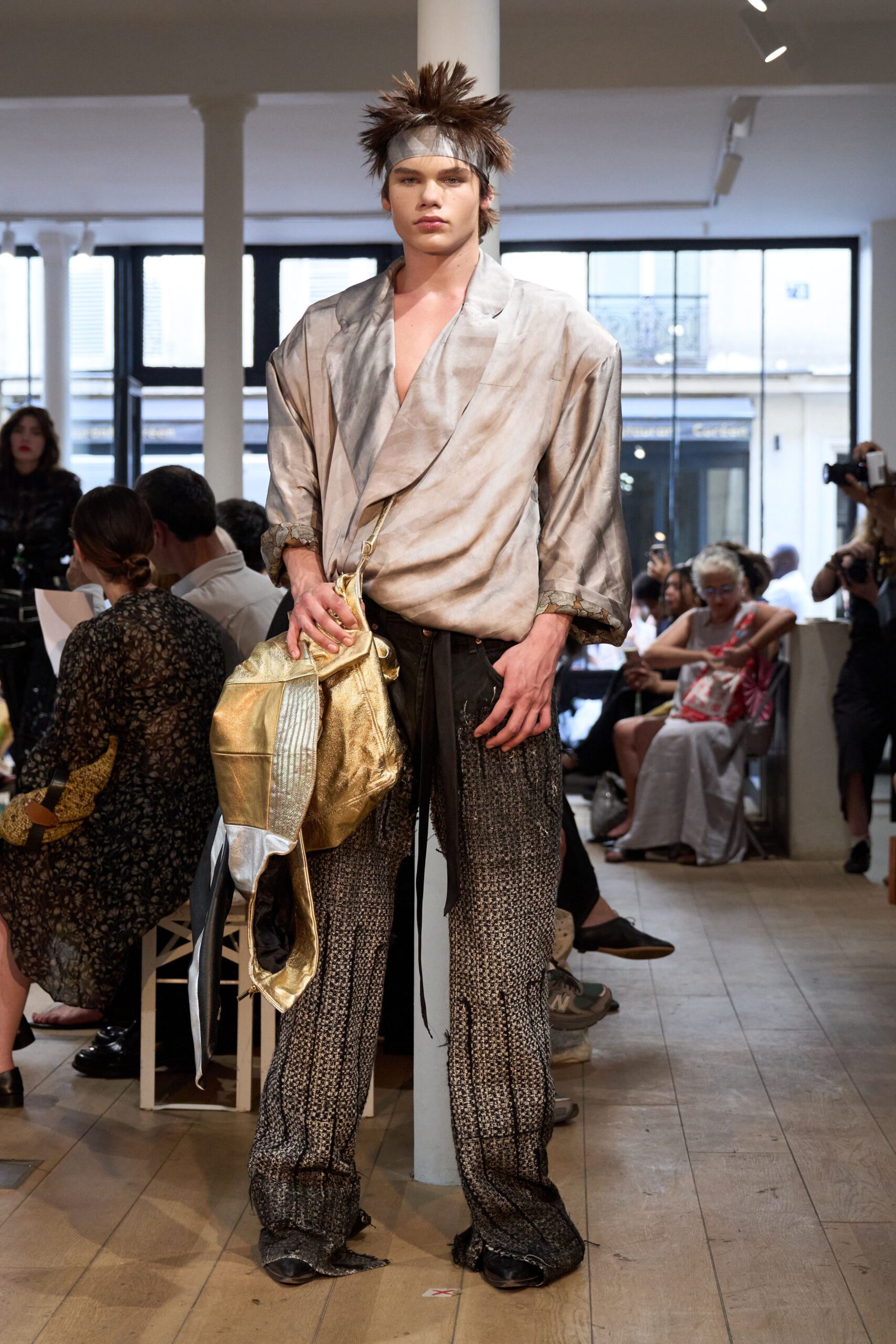 gray silk relaxed jacket with gold bag