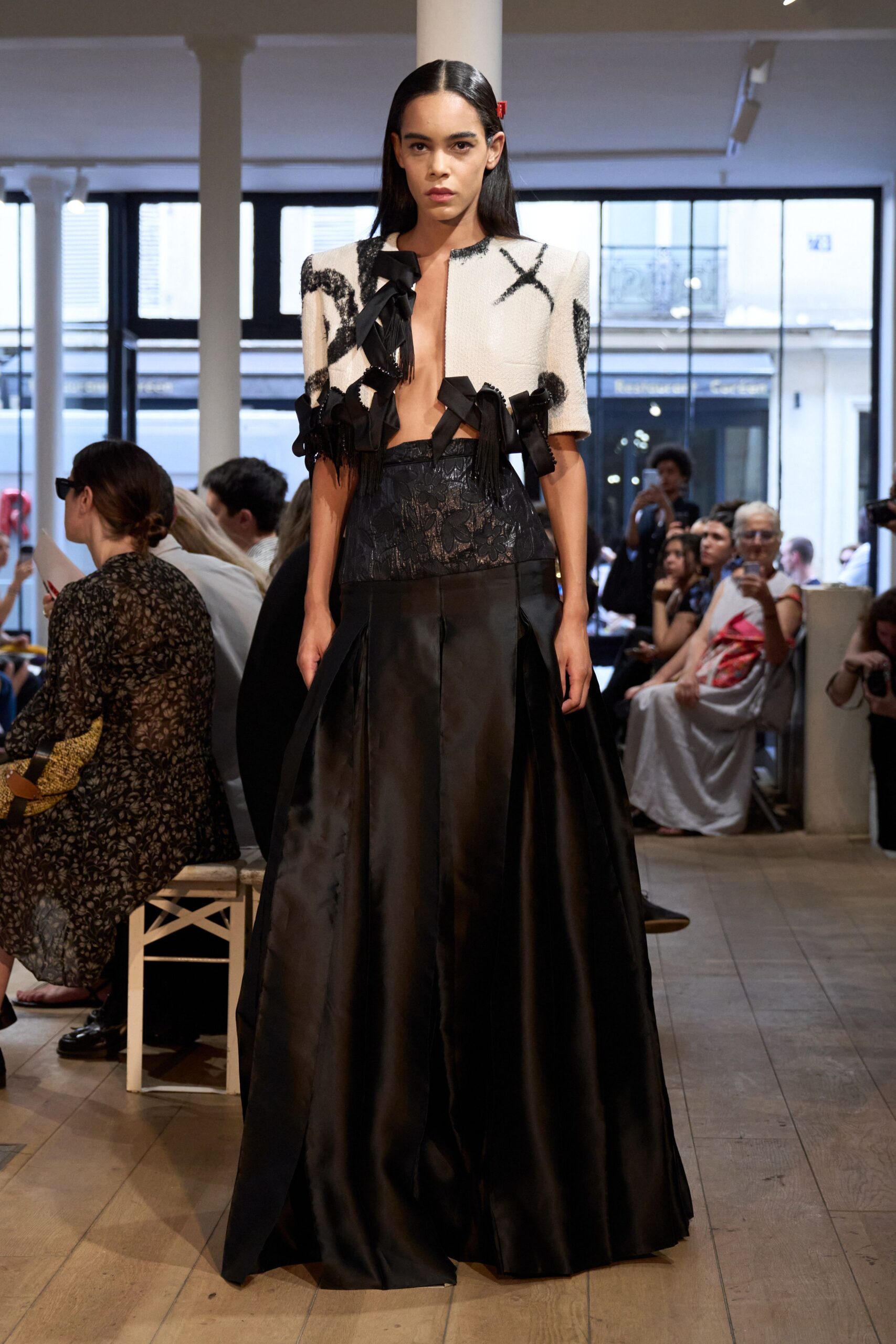 black silk maxi gown with white blazer