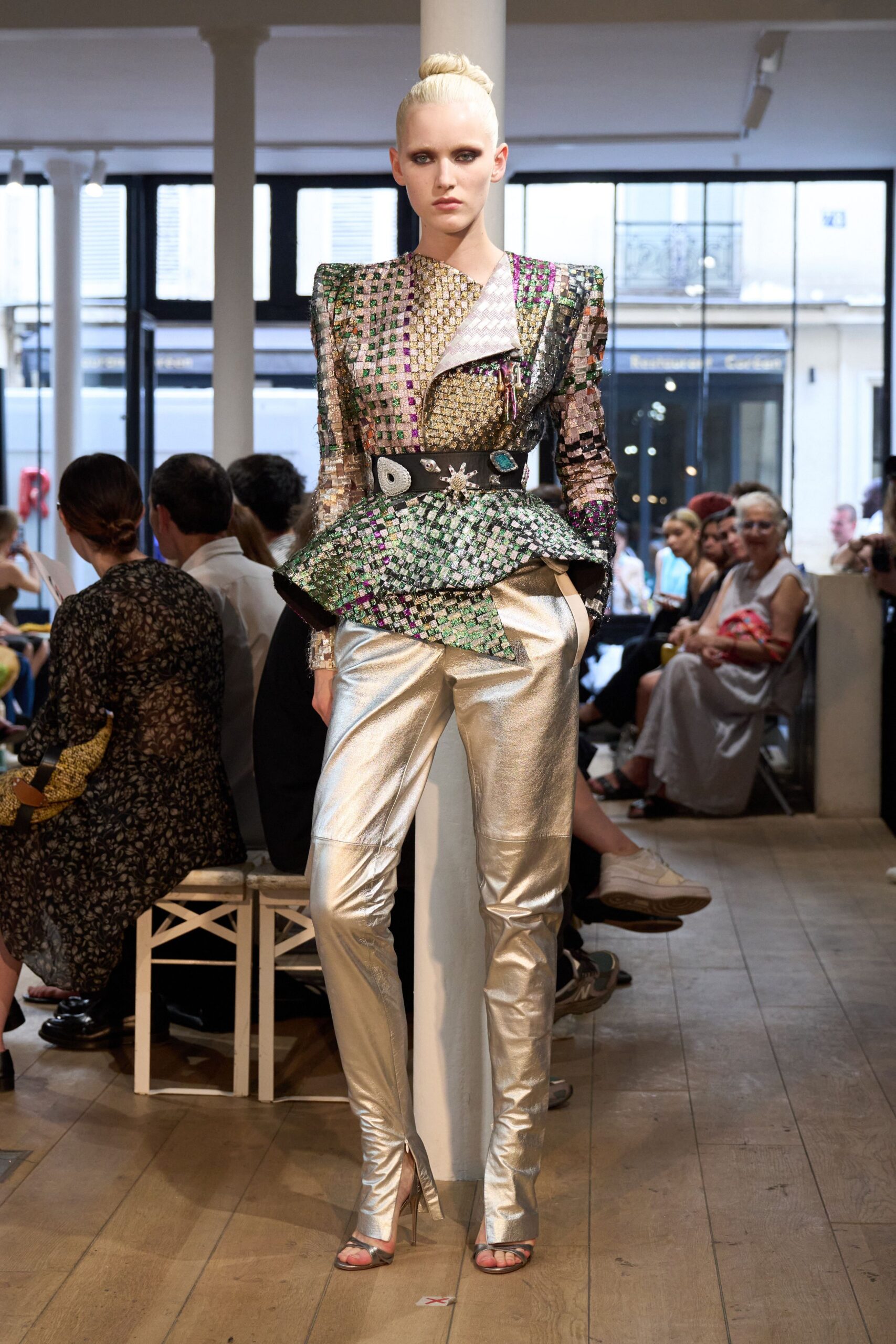 multi-colored fitted blazer with metallic pants