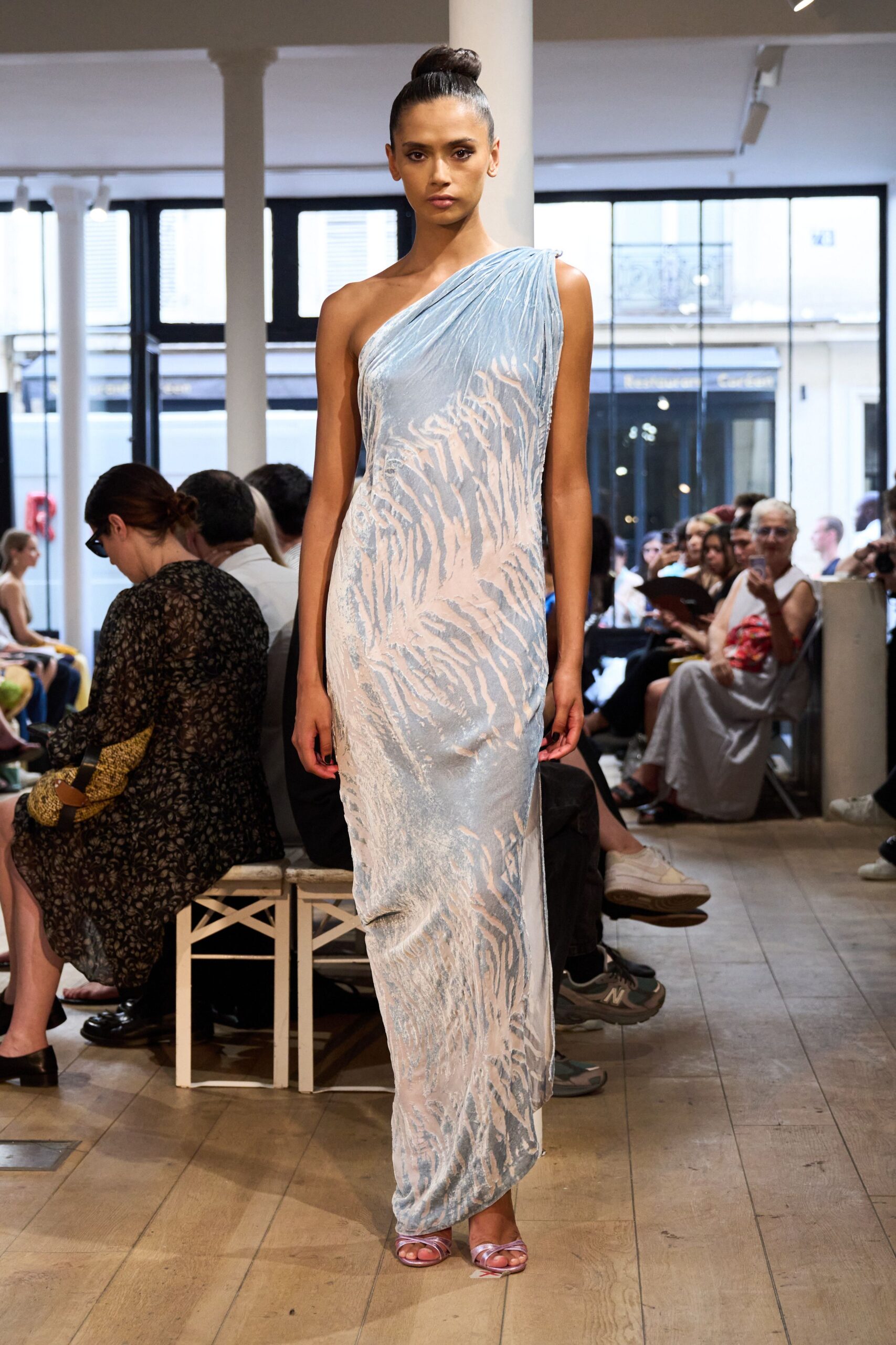 blue printed asymmetric gown