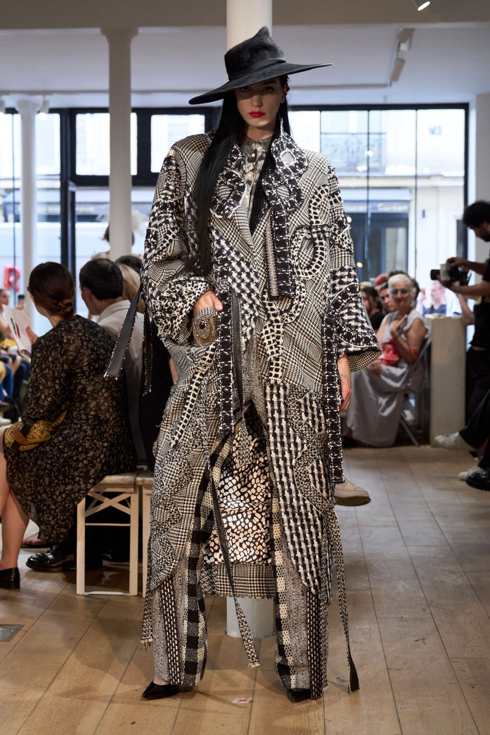 black and white printed coat and pants