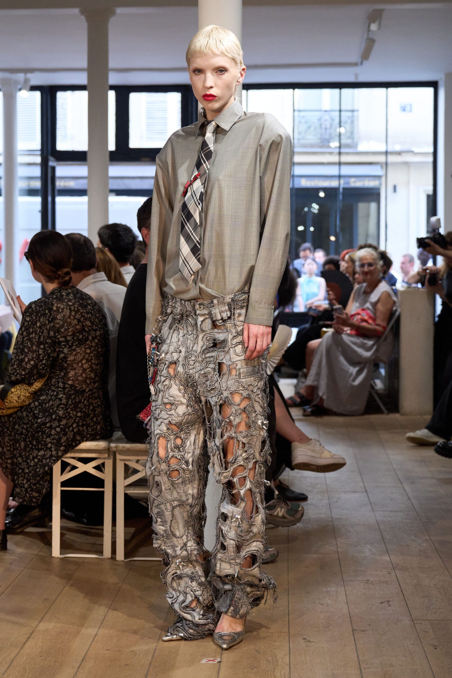 gray checked shirt with distressed pants